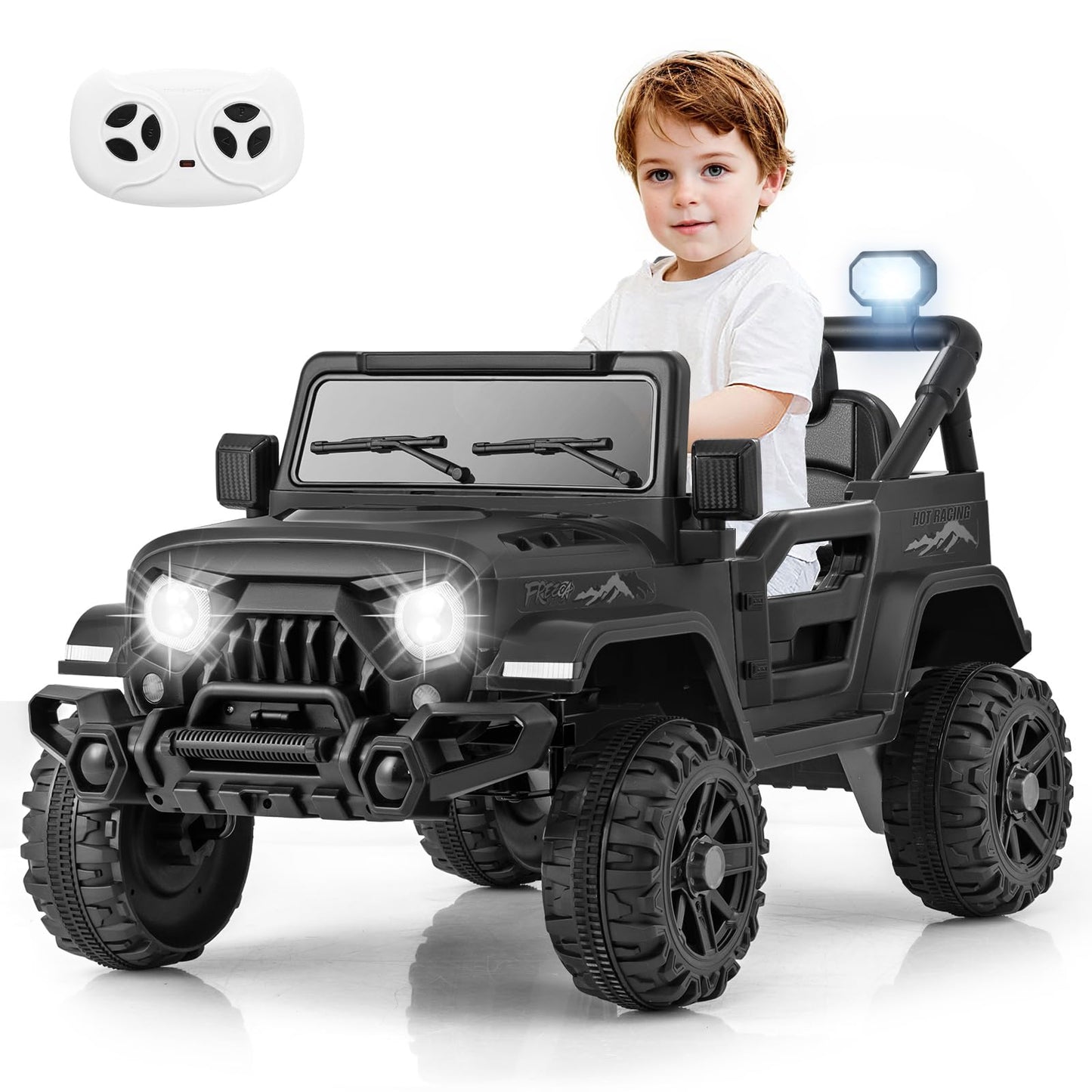 OLAKIDS Ride on Truck, 12V Battery Powered Electric Vehicle for Kids with Remote Control, Bluetooth, Power Display, LED Lights, Music Player, Ride on Toy for 3+ Boys Girls (Black)