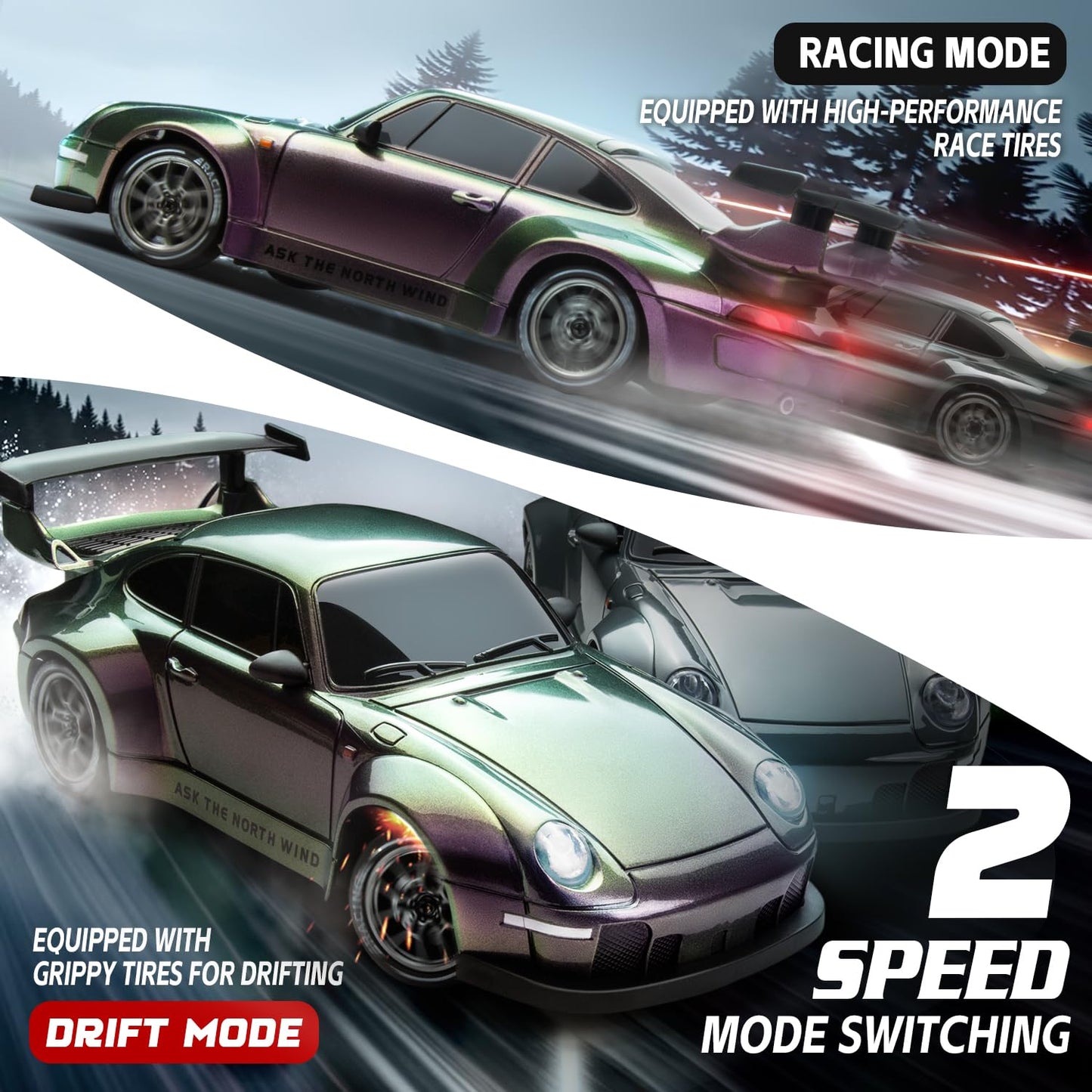 RC Drift Car, 1:24 Scale Remote Control Vehicle with LED Lights, 2.4GHz 20KM/H 4WD High Speed RC Cars, Drifting Tires＆Two Batteries, Racing Sports Toy Idea Gift for Adults Boys Girls and Kids