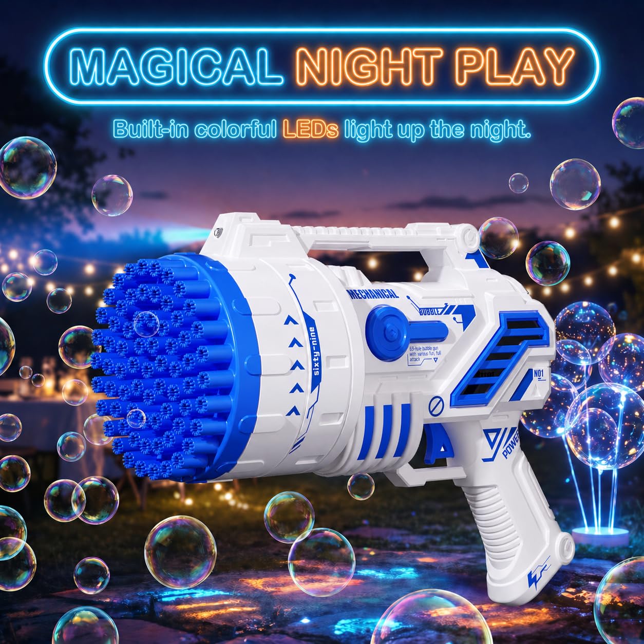 Bubble Gun for Kids, 69-Hole Bubble Machine with LED Lights, 69 Hole Bubble Blaster Blower, for Ages 3+, Summer, Birthday, Party Wedding Outdoor (Blue)