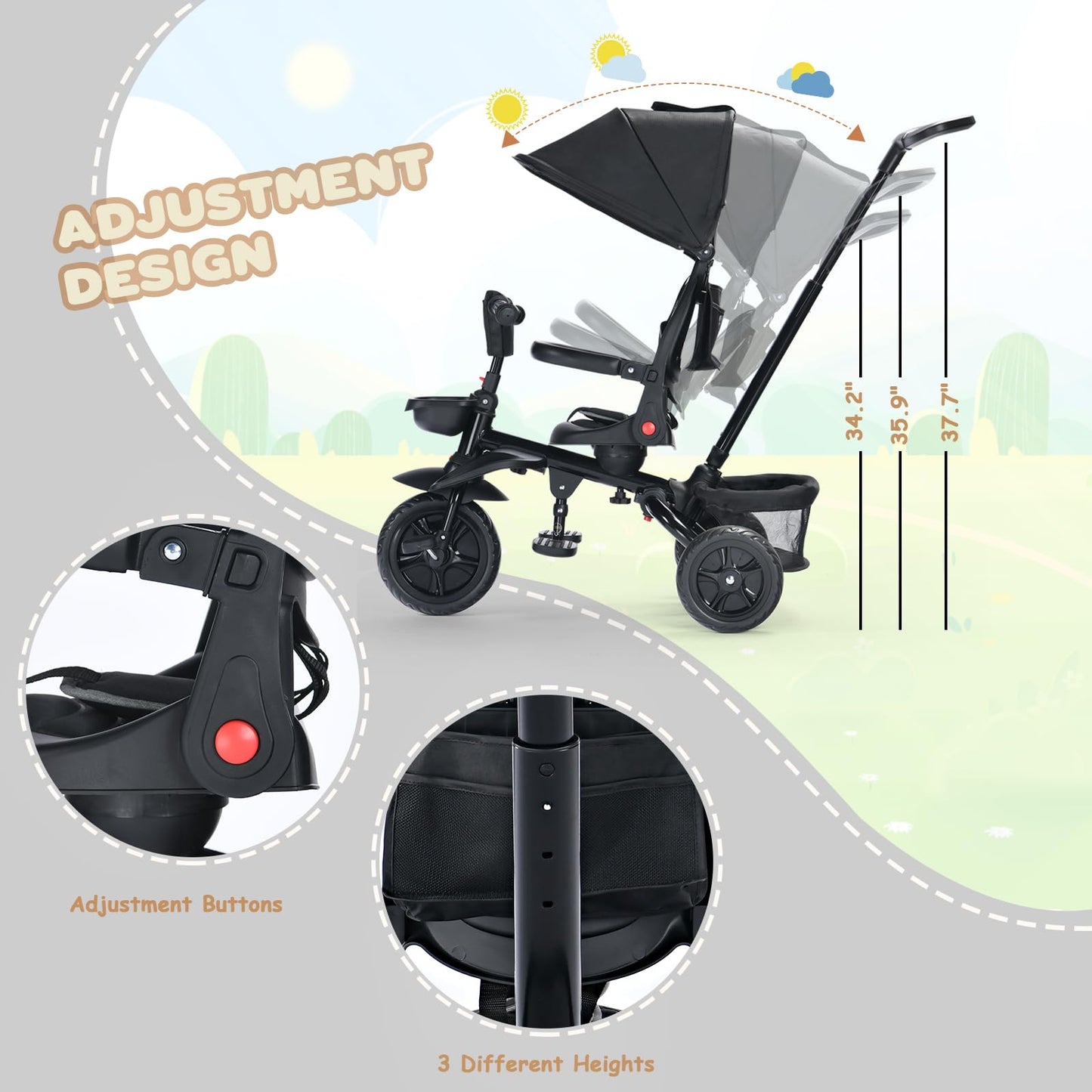 TODEFULL Folding Kids' Tricycle, 8 IN1 Baby Trike W/Removable Canpoy&Parental Push Rod, Toddler Bike Stroller for Kids 1-5 Years, 360° Swivel Seat, EVA Wheels，Storage Basket, Black