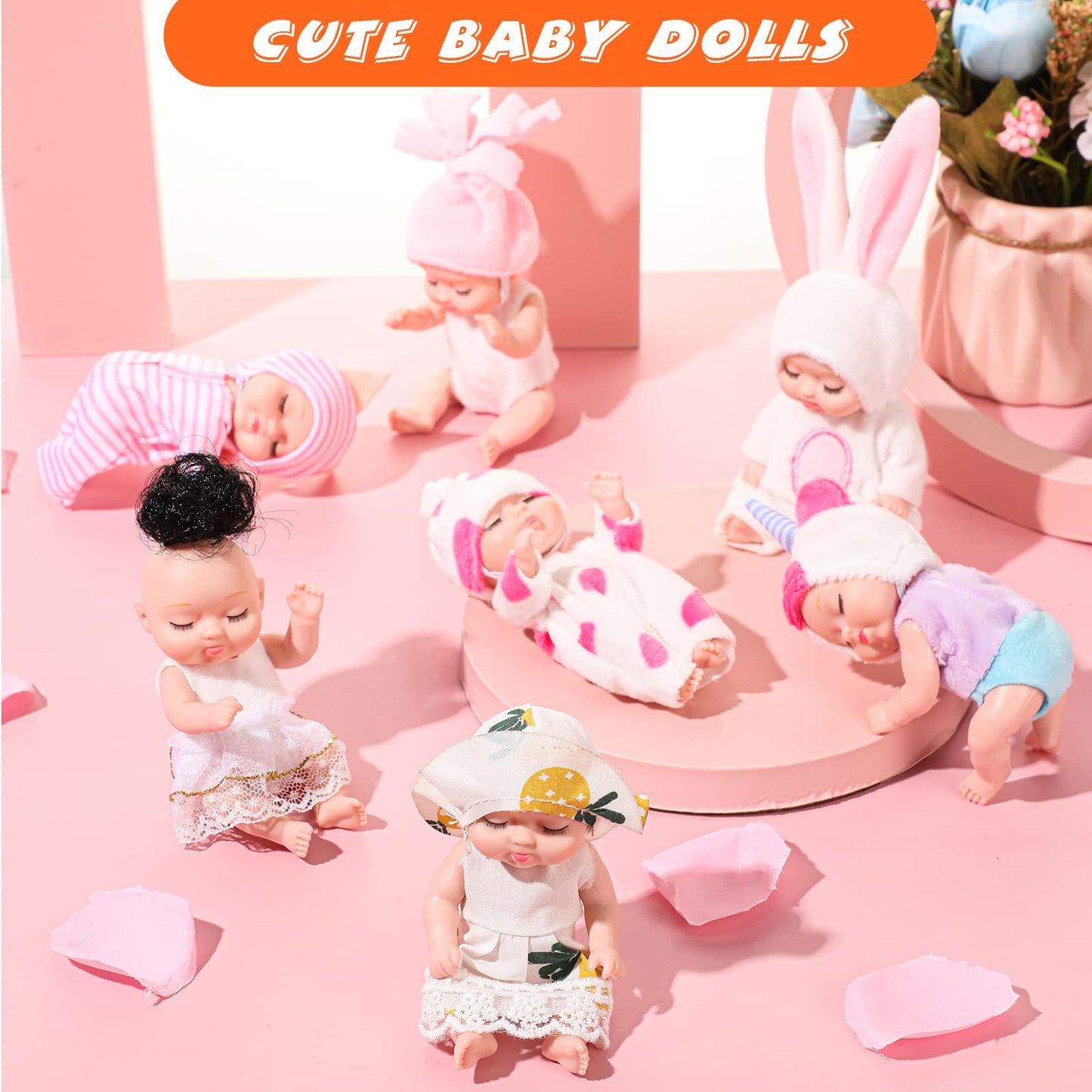 Retrowavy 16 Pcs 4 Inch Mini Reborn Baby Dolls Lifelike Realistic Tiny Baby Doll with Animal Clothes Cute Infant Figurine Gifts Set for Teens Girls Boys Toddlers Kids 3+ Birthday Gifts Big Fillers