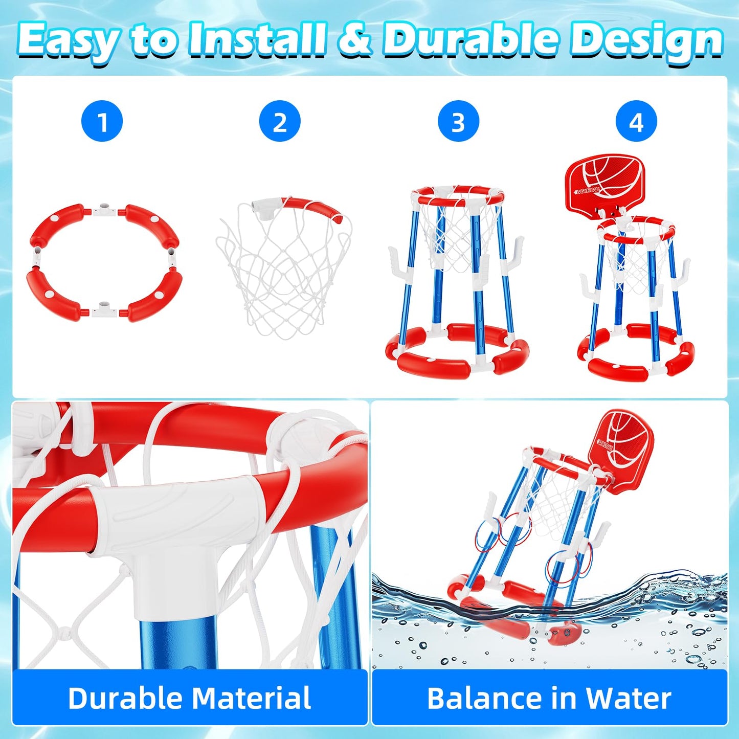 Pool Basketball Hoop with Backboard, Floating Pool Toys for 3-12 Years Old Kids Ring Game with 4 Balls 8 Rings & Pump Outdoor Swimming Pool Basketball Games Water Play Toy Family Party for Kids Adults