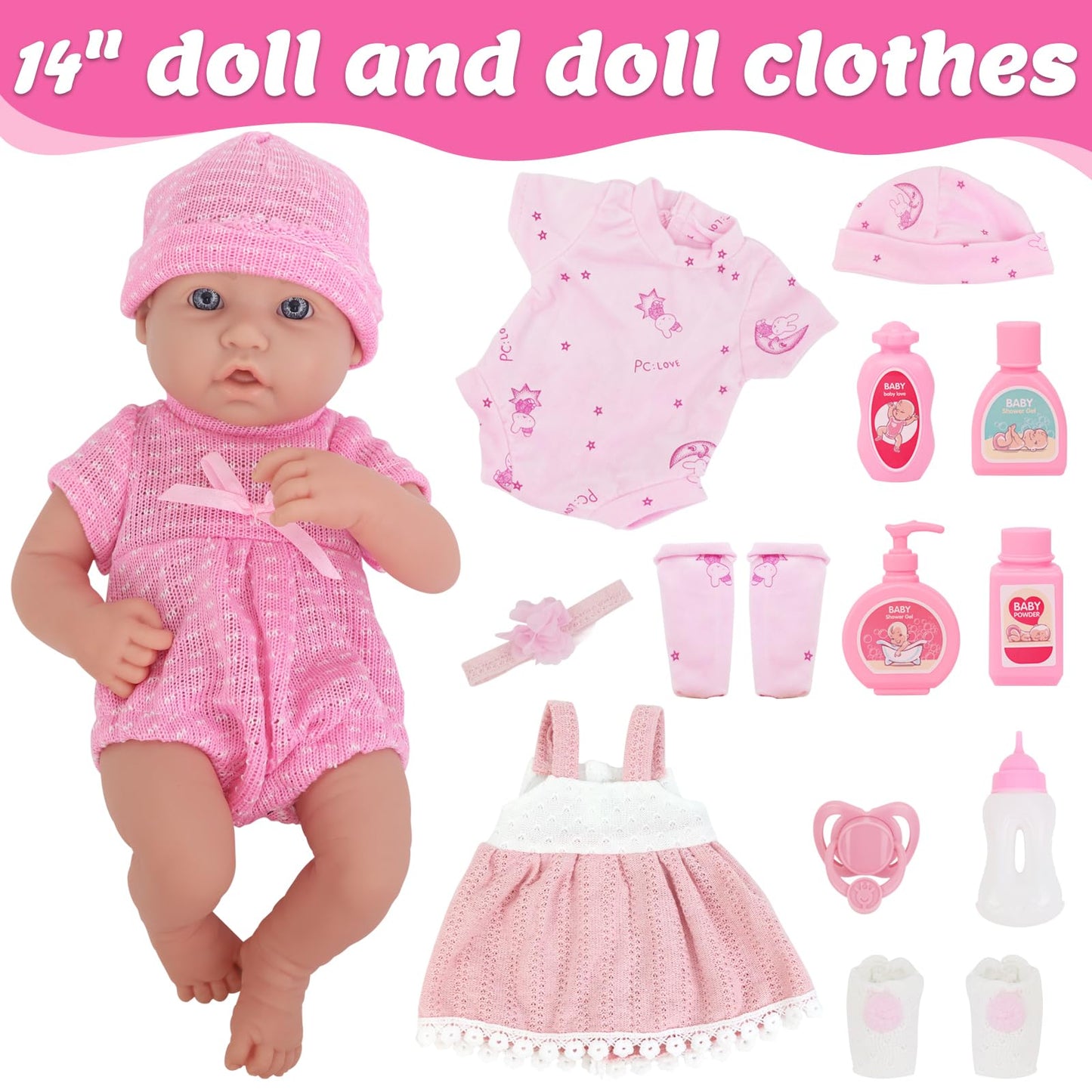 UNICORN ELEMENT 14 Inch Baby Doll-Baby Dolls with 15 Piece Accessories Set, Soft Body Baby Girl Doll, with Bottle & Pacifier, Clothes and Hats, Gift Box for Toddlers Ages 3 4 5