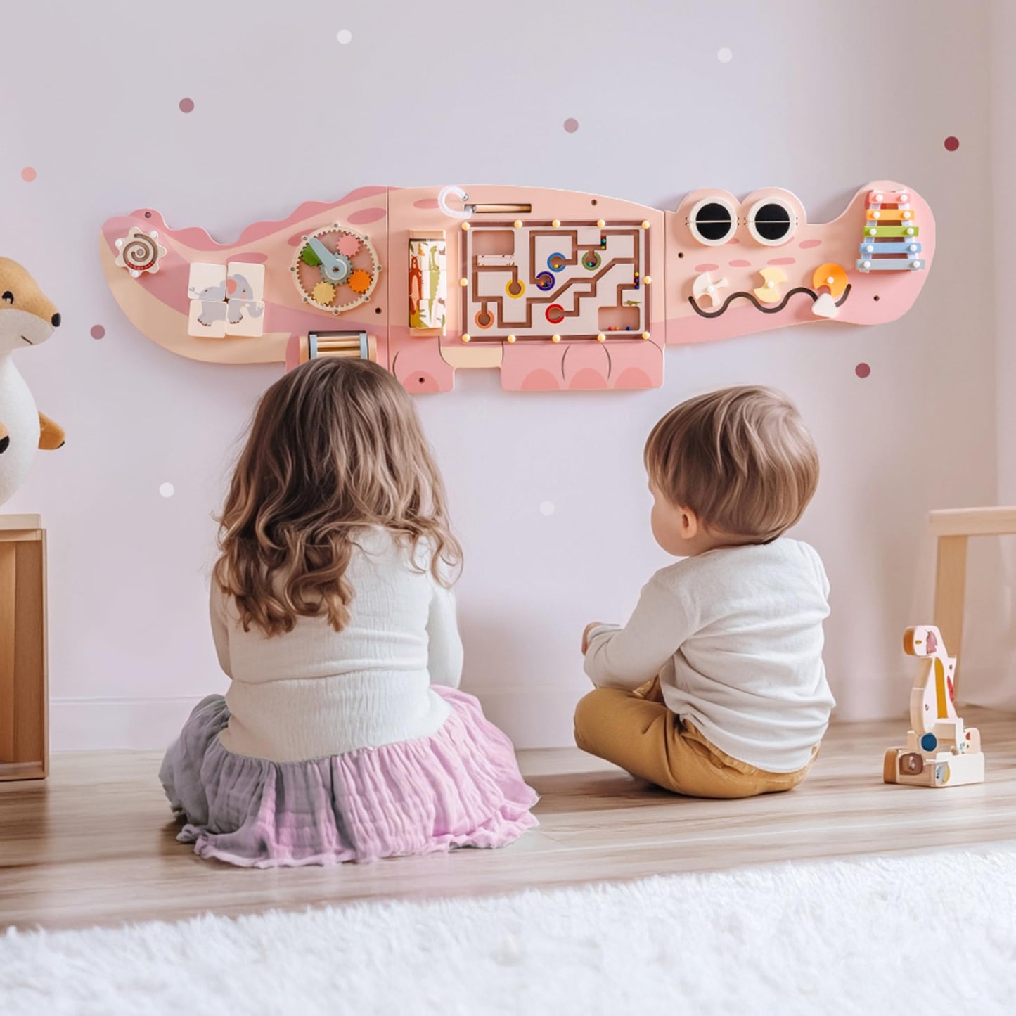 ROBOTIME Crocodile Busy Board Wall Panels for Toddlers, Pink Montessori Sensory Activity Board, Montessori Sensory Wall-Mounted Learning Center Toy for Kids Room, Educational Toys for Boys & Girls