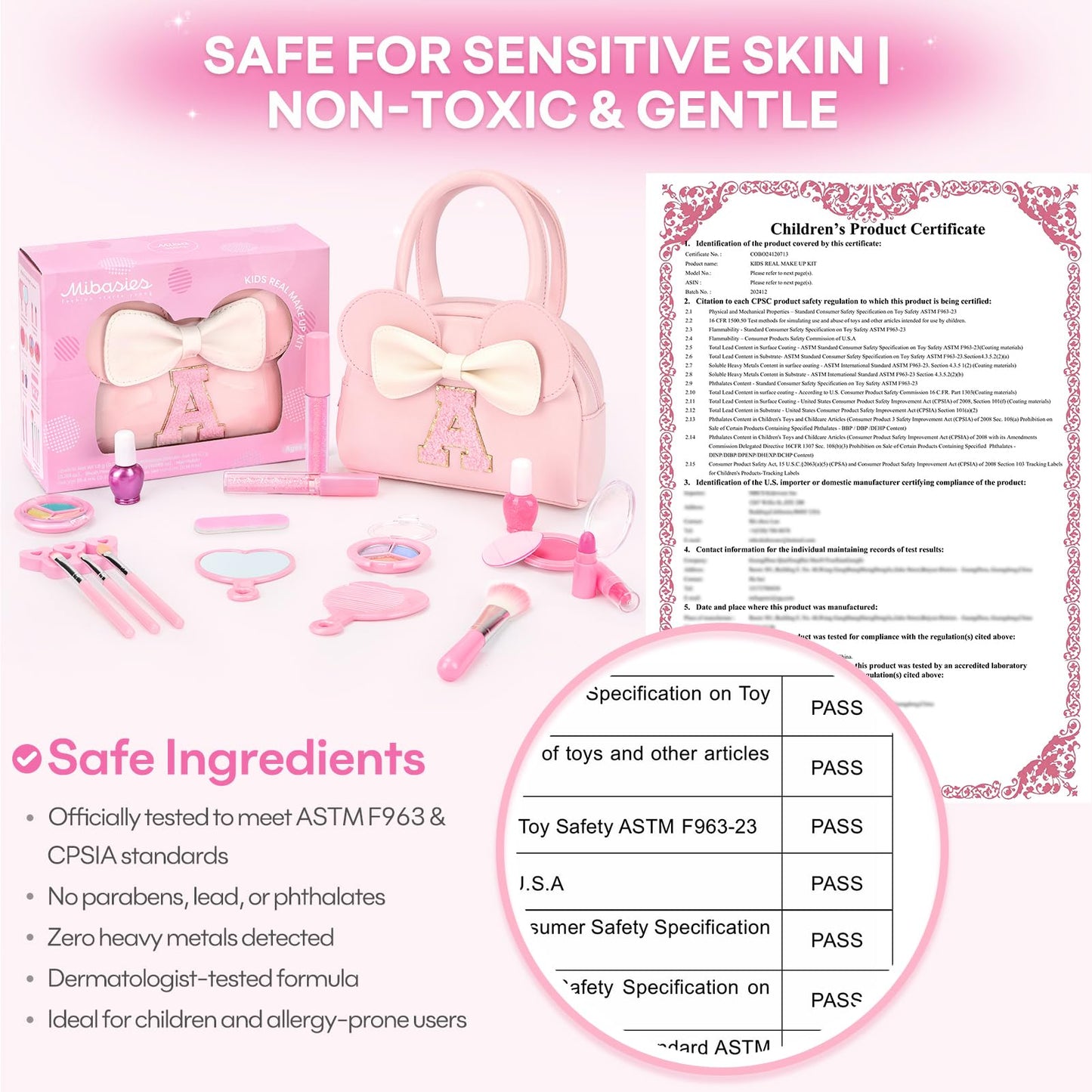 Kids Real Makeup Kit for Girls - 18Pcs Non-Toxic Washable Make Up Toys with Initial Toddler Purse - Personalized Birthday Gifts for Age 3 4 5 6 7 8 9 10 Years Old Girls Vanity Set - E