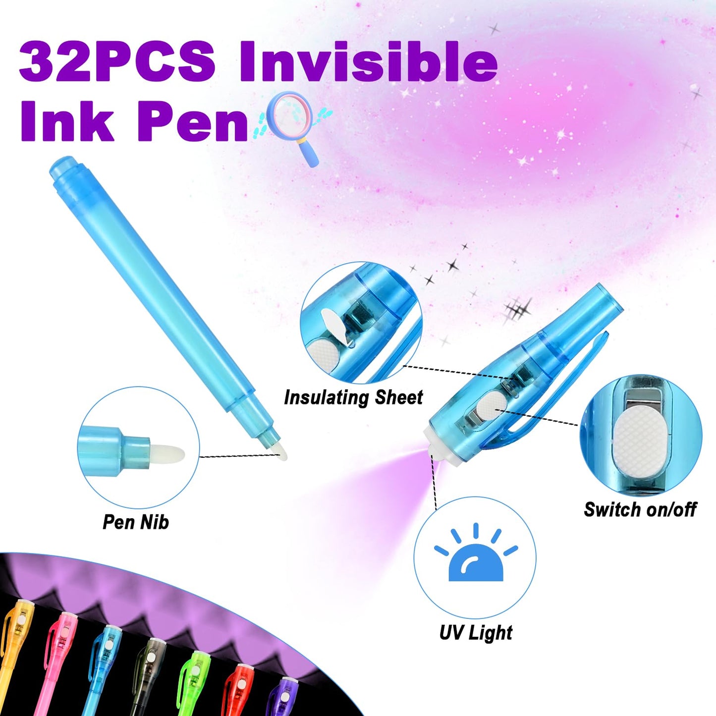Goldge 32PCS Invisible Ink Pens with UV Light for Kids, Party Favors,Spy Pen for Secret Message, Escape Room, Perfect for Birthdays, Easter, Valentine’s Gifts for Kids, Christmas & Stocking Stuffers