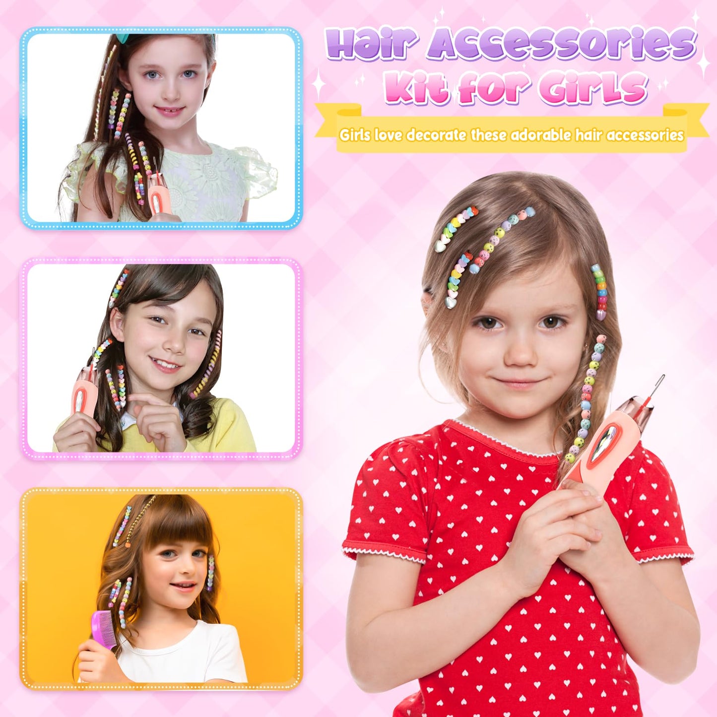 Hair Beads Jewelry Set for Girls, Gifts for 5 6 7 8 9 10 Year Old Girl, Kids DIY Hair Accessories Kits with Reusable Beads, Hair Gem Stamper Kit for Kids Girls Age 6-12 Creative Birthday Gifts Toys