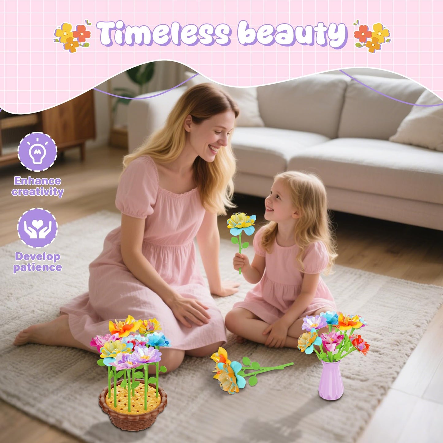 FUNZBO Girls Toys - Flower Bouquet Craft Kits, DIY Arts and Crafts for Kids 4-6-8, Flowers Making Toys for Kid Toddler, Birthday Gifts for 3 4 5 6 7 8 9 10 11 12 Year Old Girl