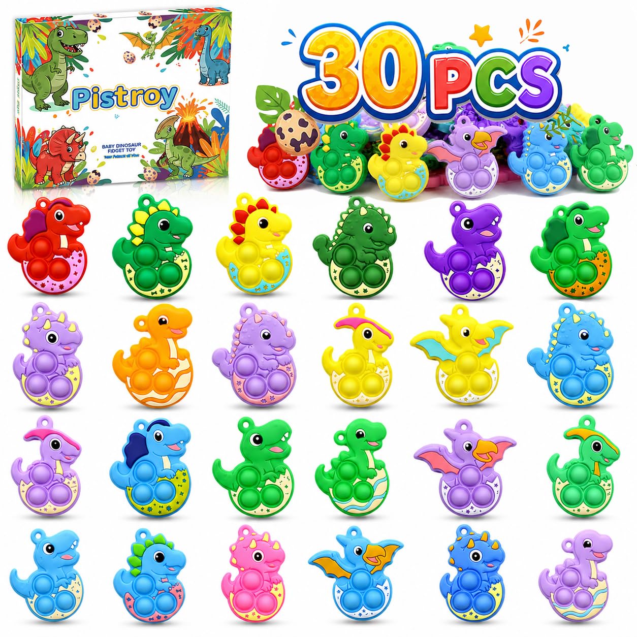 Pistroy 30PCS Mini Dinosaur Pop Keychains for Kids, Dinosaur Party Favors, Mini Pop Its Bulk, Pop It Fidget Toys, Goodie Bag Stuffers, Classroom Prizes, Treasure Box Toys, Pinata Fillers