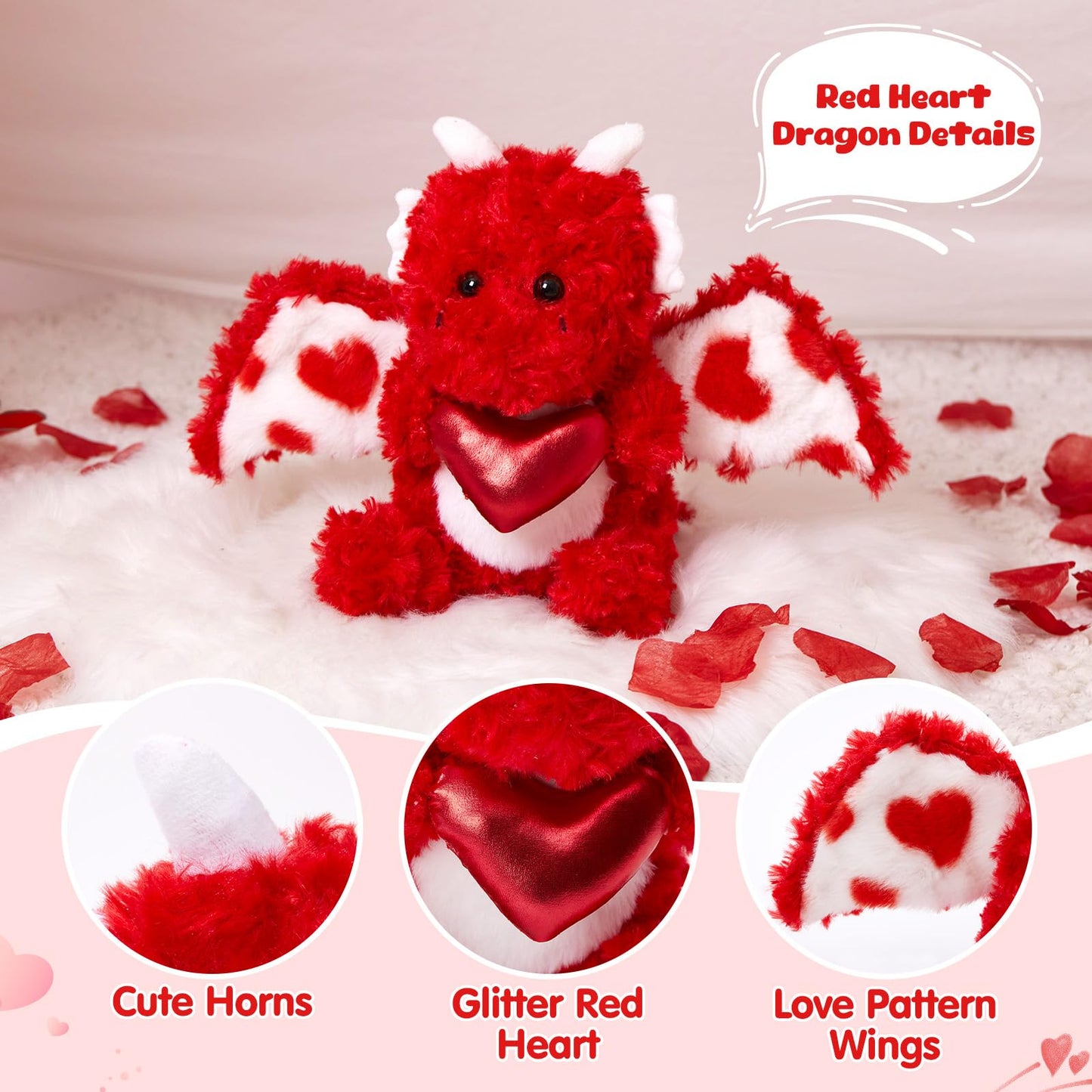 HappySpot Mother's Day Love Dragon Stuffed Animal, Soft Red Dinosaur Plush with Heart, Adorable Flying Dragon Plush Toys for Kids Girlfriend Wife Mother, 10''