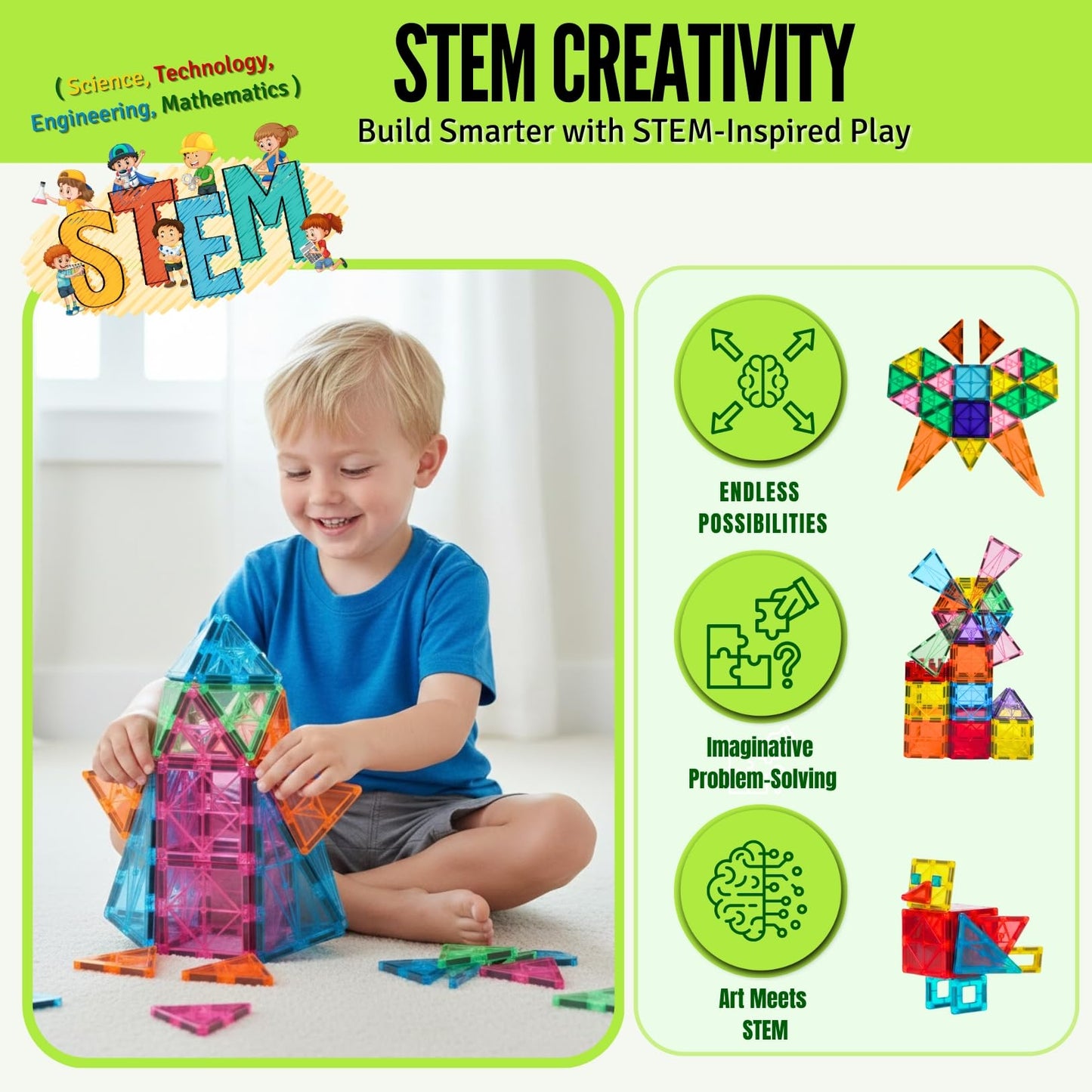 Little Vo Magnetic Tiles 150 PCS with 2 Cars Bases, STEM Magnet Building Tiles for Kids Ages 3-12, Educational Building Magnets Toys, Creative Construction, Preschool Learning & Play for Childs