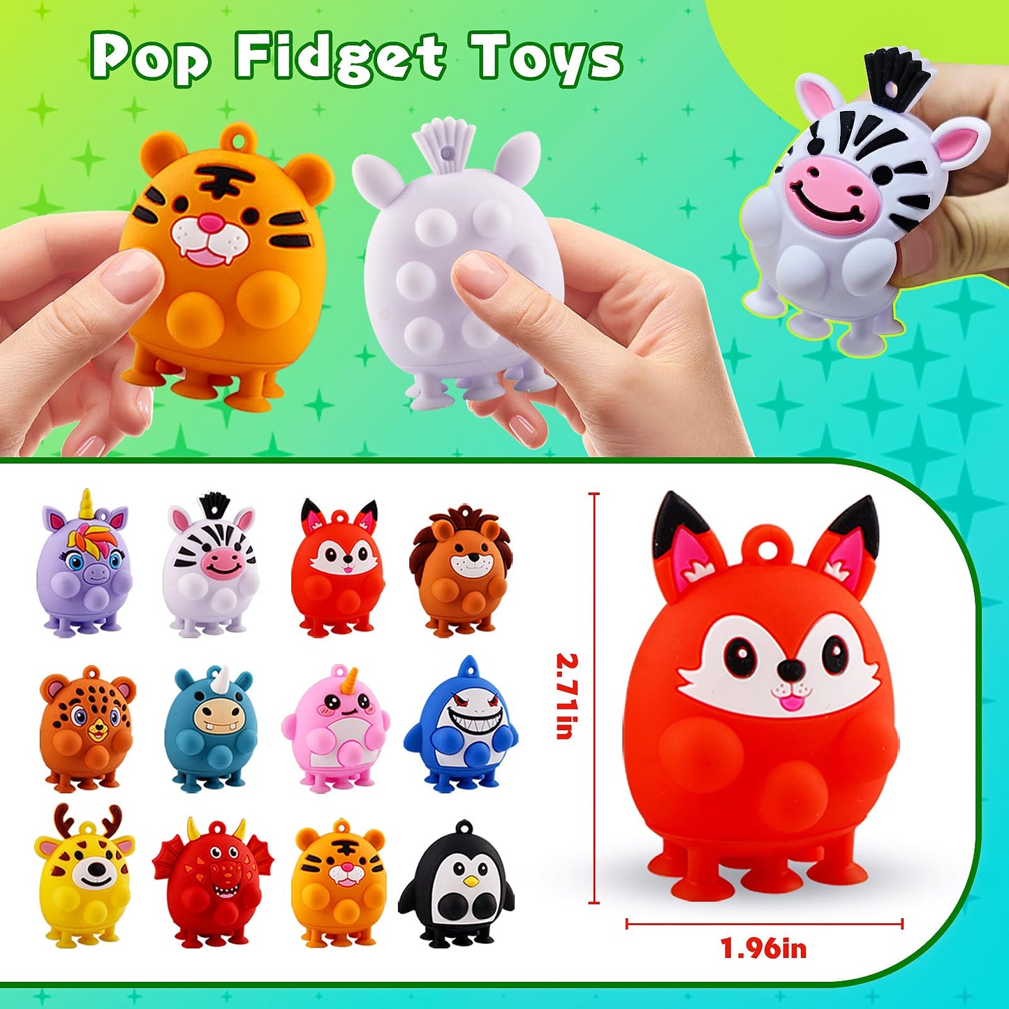 24 PCS Party Favors for Kids, Silicone Animal Pop Fidget Toys with Suction, Birthday Gifts for Boy Girls, Treasure Box Toys, Goodie Bag Stuffers, Prizes for Kids, Pinata Stuffers