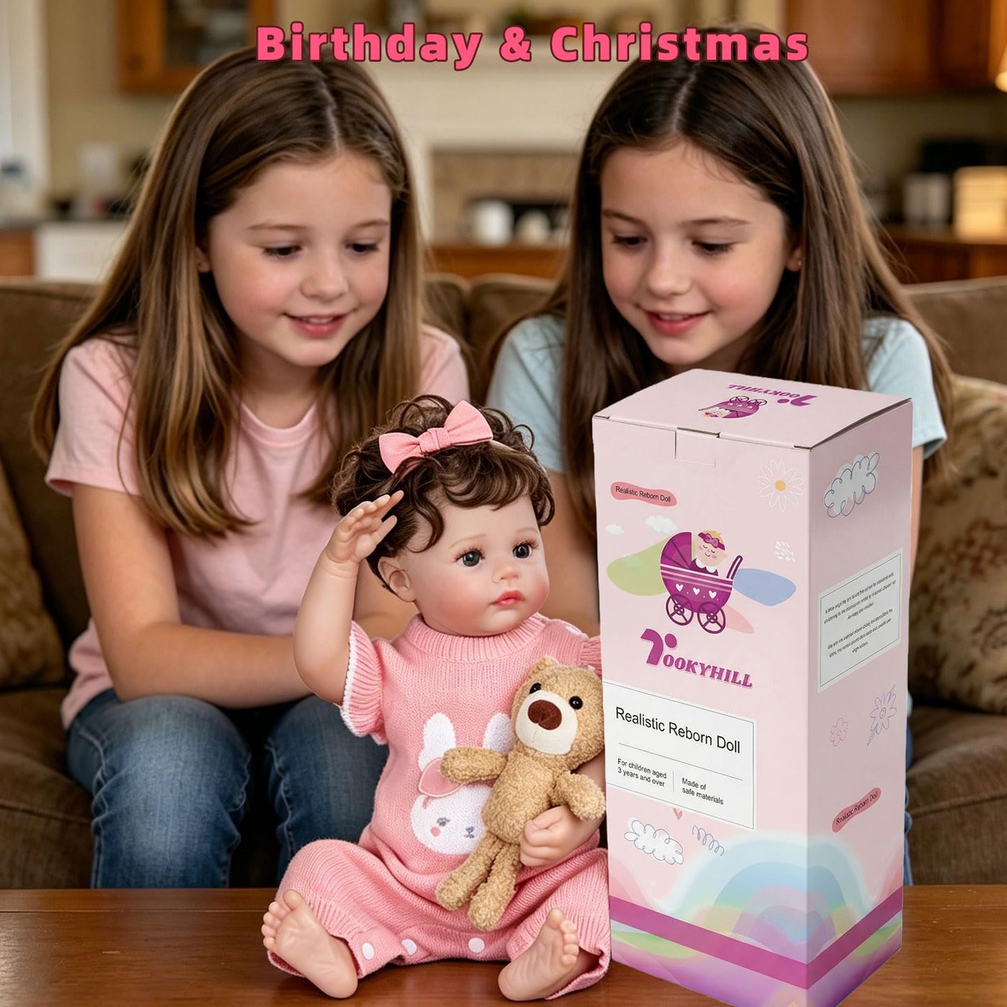 Tookyhill 16 Inch Lifelike Reborn Baby Doll, Full Vinyl Body, Poseable Limbs, Pink Knit Outfit & Plush Bear Toy, Realistic Newborn Doll Gift for Toddler Girls Age 3+ (Brown Bear)