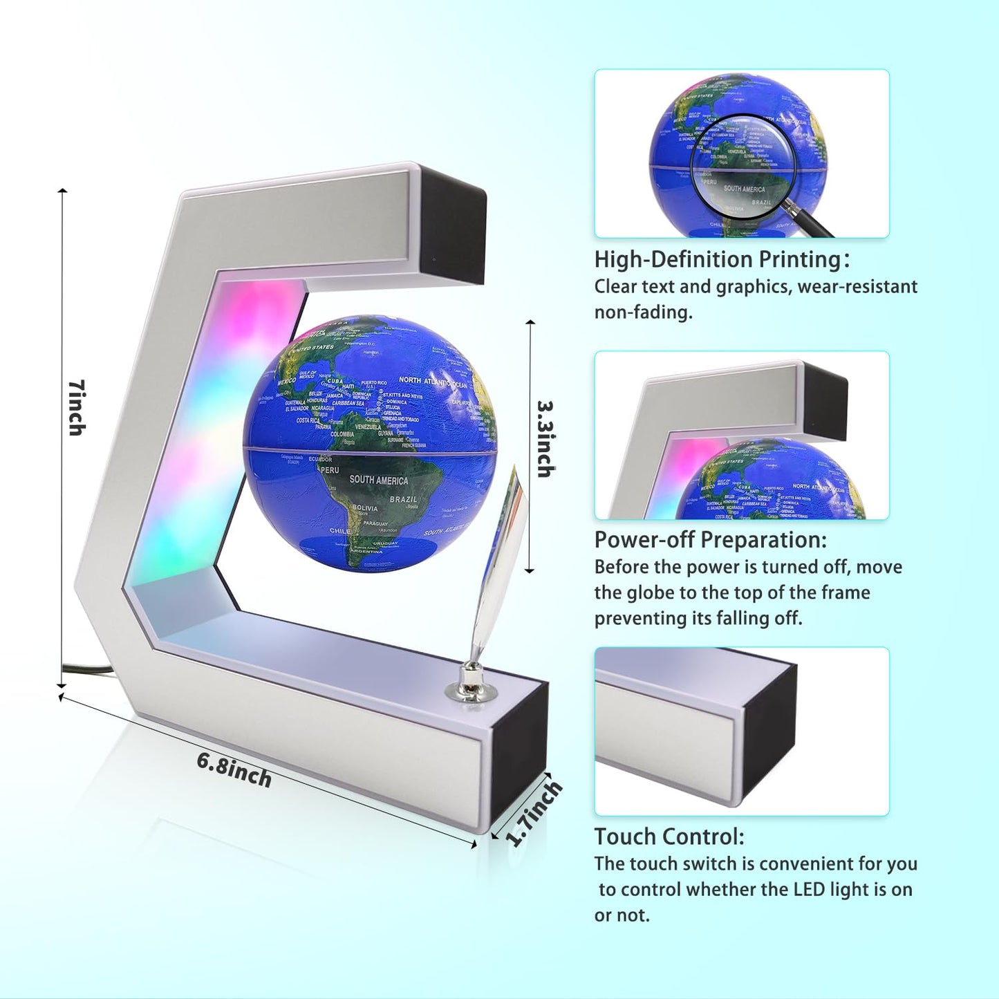 Flagest Magnetic Levitation Globe with LED Lights & Touch Control and Pen, Floating Globes for Educational Home Office Desk Bookshelf Decor, Birthday Anniversary Holiday Creative Gift(3.3 Inches Globe)