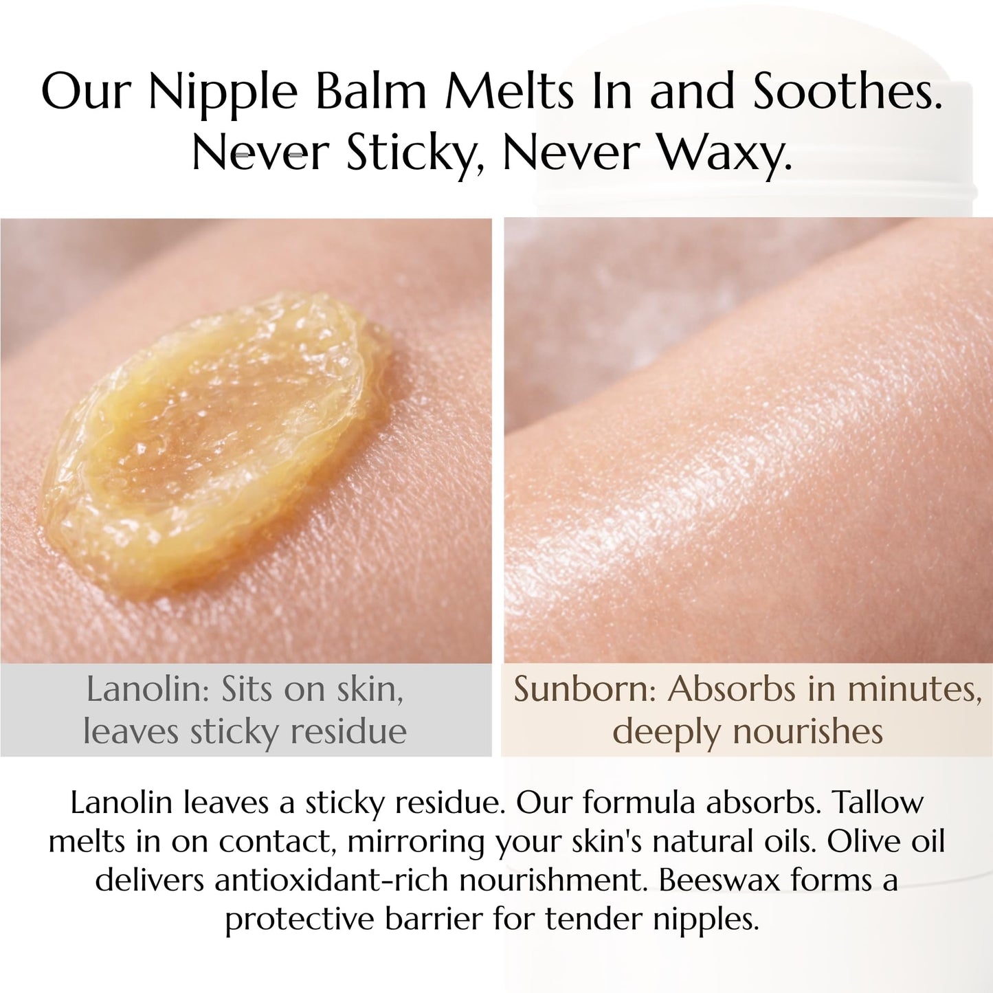 Sunborn Organics Nipple Balm | Nursing-Safe Lanolin-Free Nipple Cream with 3 Edible Ingredients for Sore or Cracked Nipples | Safe for Baby, No Wipe-Off, Third-Party Tested | Made in USA
