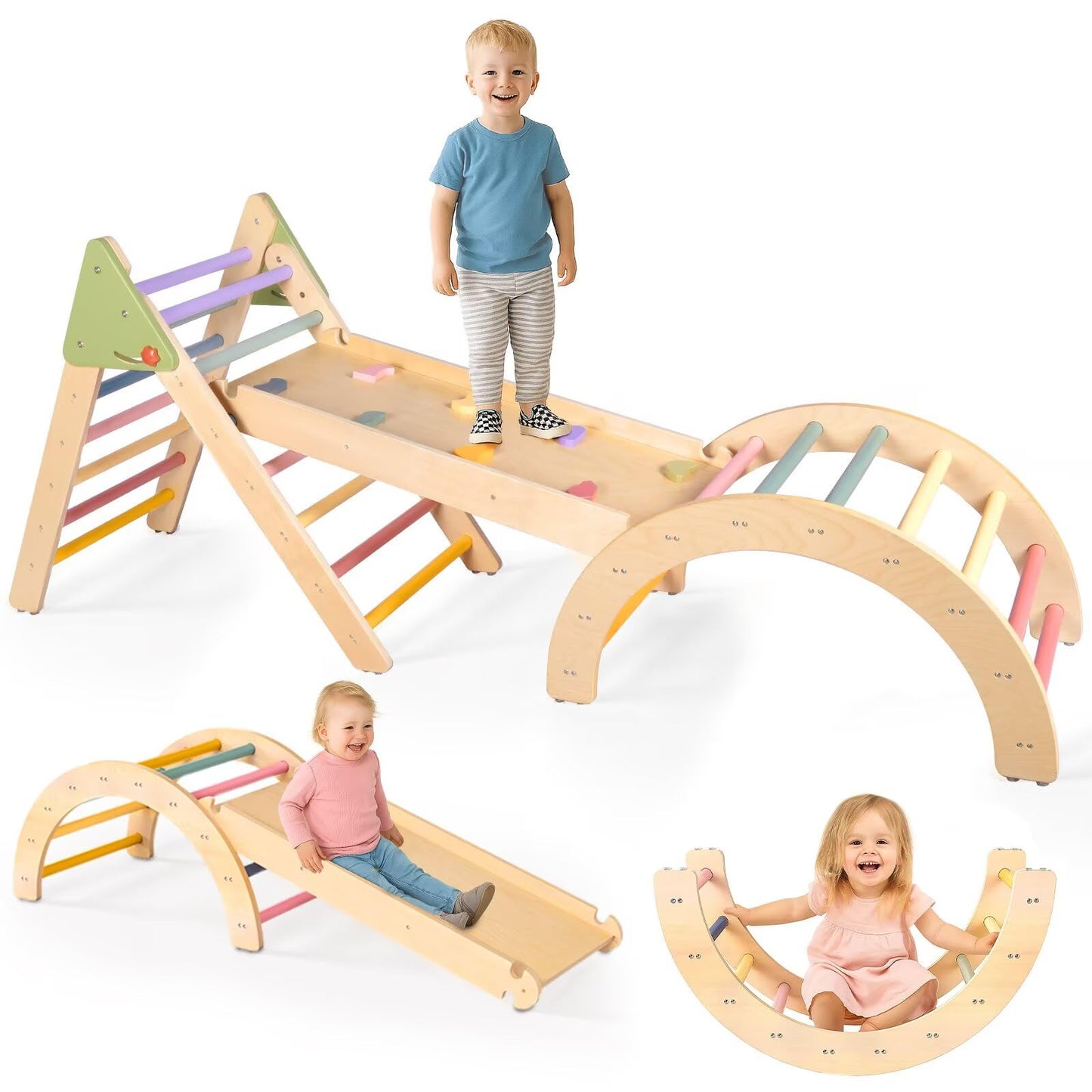 aiwo 7-in-1 Pikler Triangle Set Toddler Climbing Toys Indoor, Montessori Baby Climbing Gym, Climbing Set for Toddlers 1-3 Jungle Gym-Extra Thick