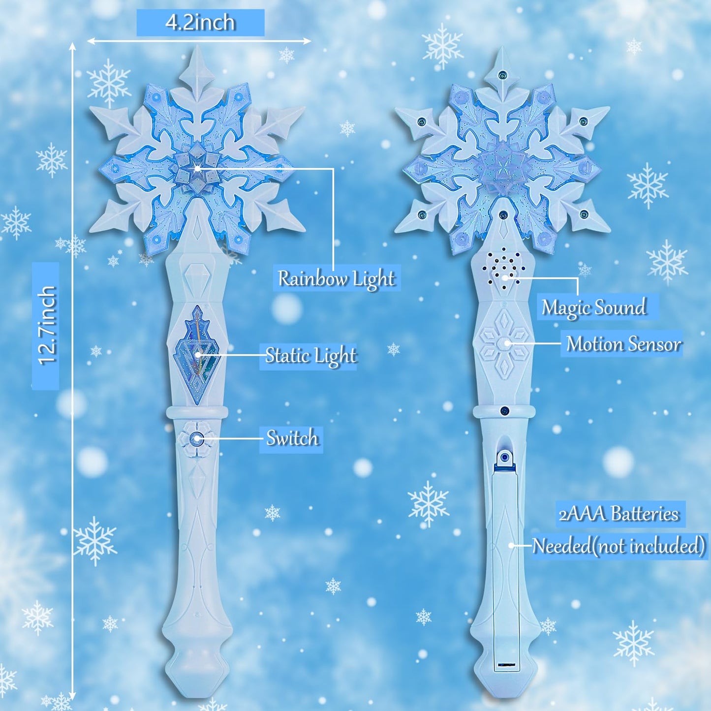 EnrichFun Light Up Frozen Snowflake Wand with Sound, Motion Sensitive Magic Princess Toys for Kids Girls Party Favors 4 Pieces, (Blue 4 Pack)