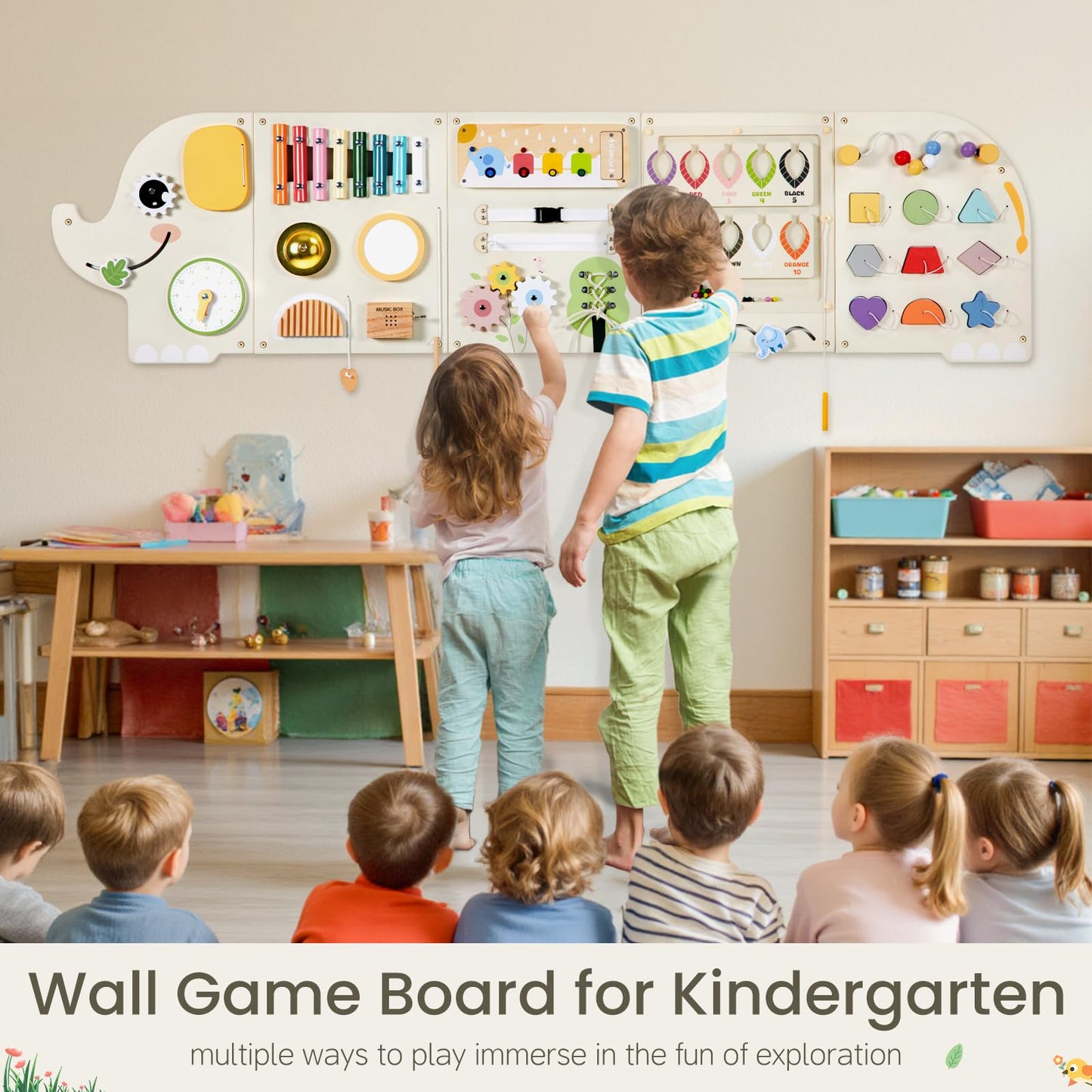 Elephant Activity Wall Busy Board Panels,Wooden Montessori Learning Activity Center Sensory Toys Wooden Sensory Wall Panel for Kids Ideal Furniture for Playroom Daycare Dentist Waiting Room Nursery