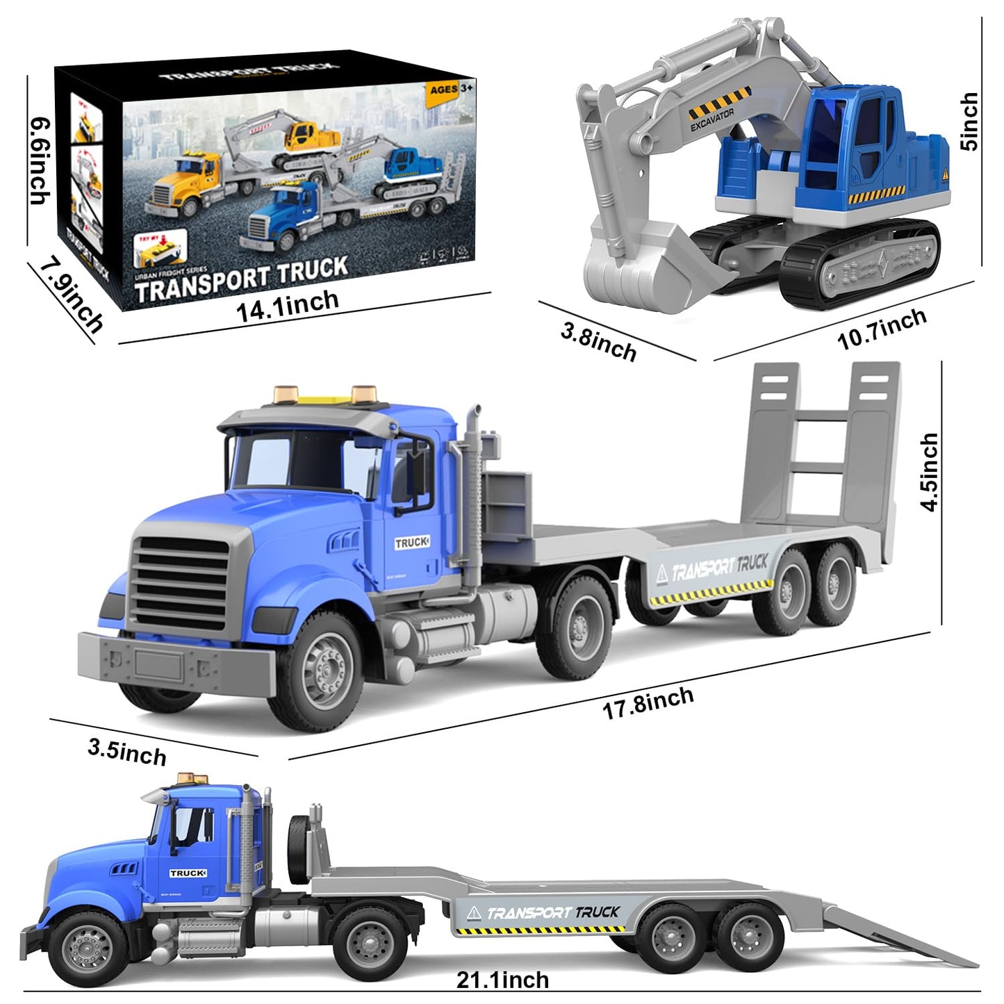 DOWELLIN Transports Trucks Kids Toys, 22" Large Semi Truck Toy Carrier and Excavator Truck with Sound&Light,Friction Powered Cars Toys Birthday for Boys Girls 3 4 5 6 7 8