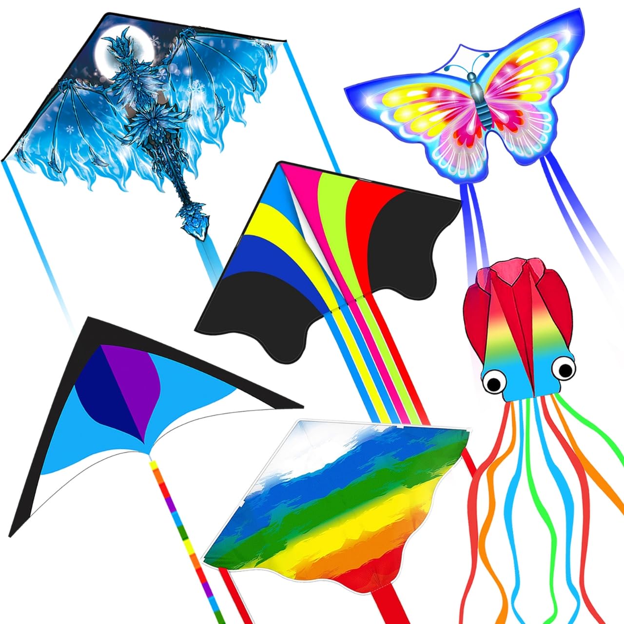 Kites for Kids & Adults, Beach Set for Beginners, Easy to Fly Large Kites Pack for Boys and Girls, 300ft Kite String Included, Perfect for Outdoor Activities (6 Pack)