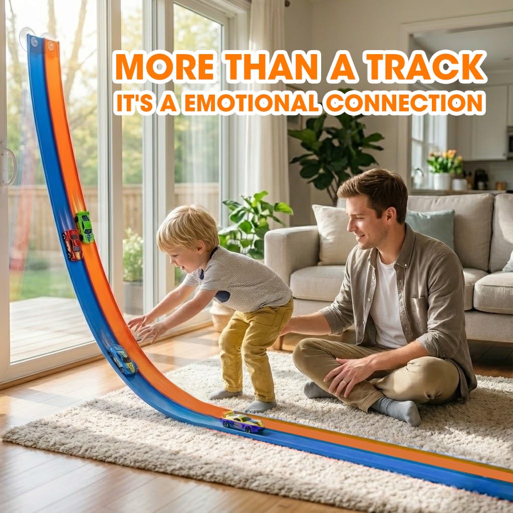 Flexible Race Track 15 Ft for Kids with 2 Toy Cars, US Certified Safe PVC Car Track Withstands Repeated Bending, Compatible with 1/64 Scale Model Cars and Powerful Suction Cups for Age 3+