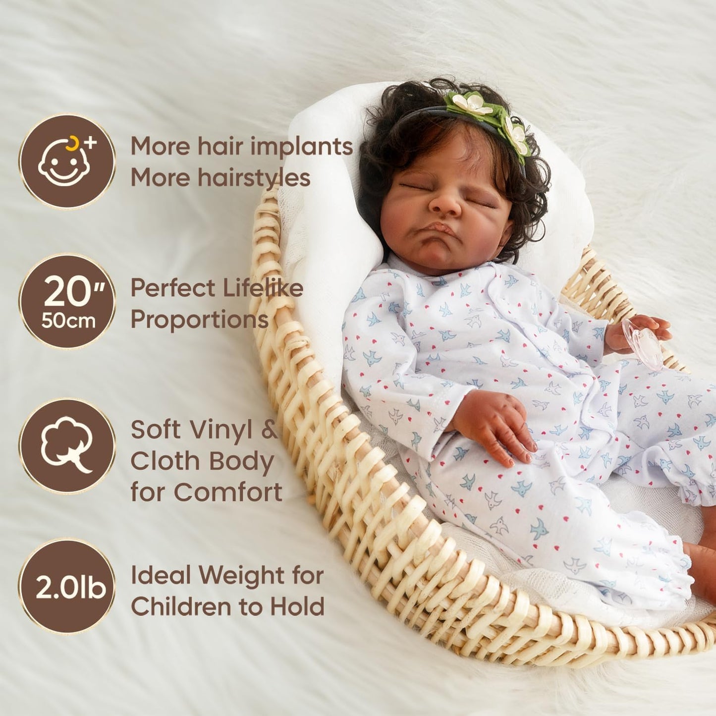 WOOROY Realistic Reborn Baby Dolls Black - 20-Inch African American Sleeping Newborn Dolls with Weighted Cloth Body and Soft Hand-Rooted Curly Hair with Accessories Gift Set for Kids Age 3+