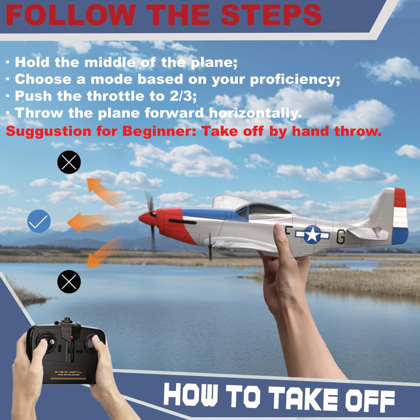 ANBURI RC Plane for Beginners, P51 Remote Control Airplane for Adults, 2.4GHz 3 Channel Fighter Featuring 6 Axis Gyro Stabilizer, Easy to Fly