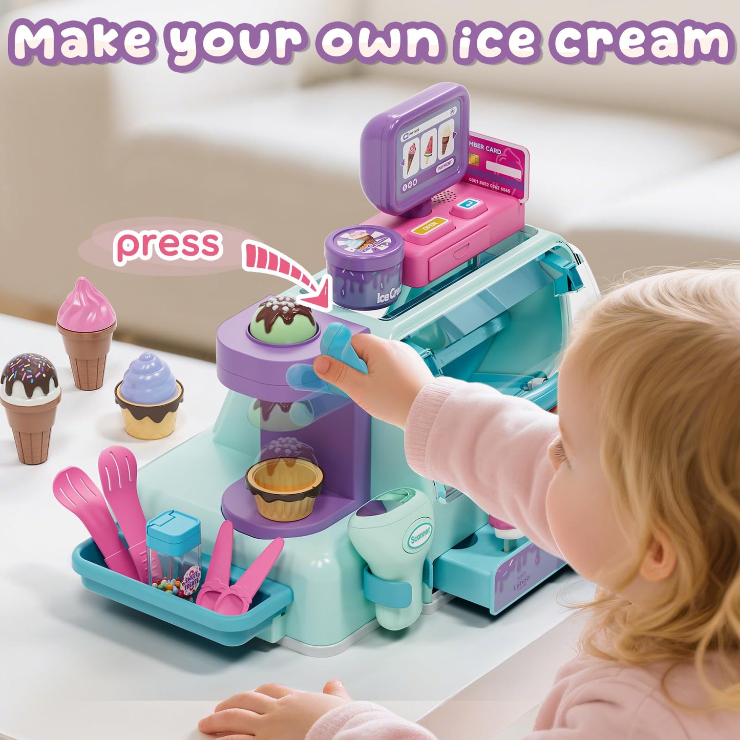 Lehoo Castle Ice Cream Toy, Toys for 4 Year Old Girls, Play Ice Cream Counter Shop Playset for Kids, Ice Scoop, Gifts for Girls 3 4 5 6 Year Old