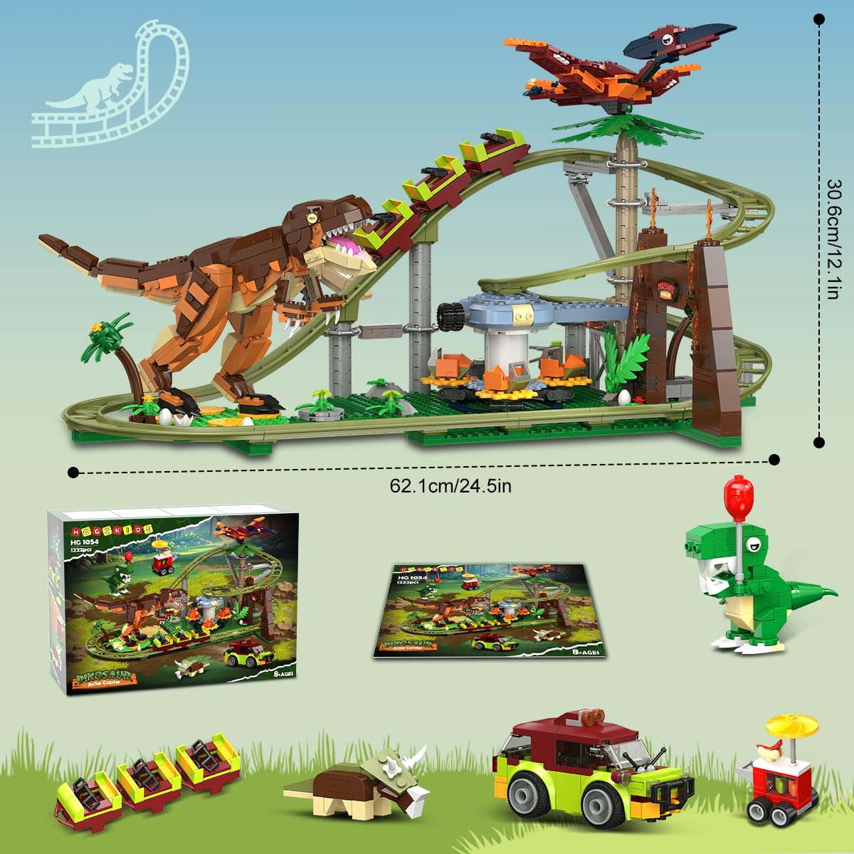 HOGOKIDS Dinosaur Roller Coaster Building Set - 1222 PCS Roller Coaster Building Toy with 4 Dinosaur, Off-Road Vehicle, Food Cart, Dinosaur Models Playset, Gifts for Adults Girls Boys Ages 8-12 Years