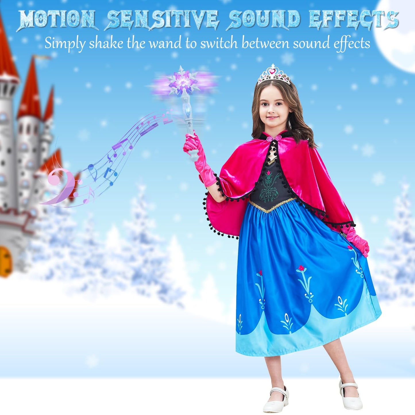 EnrichFun Light Up Frozen Snowflake Wand with Sound, Motion Sensitive Magic Princess Toys for Kids Girls Party Favors 4 Pieces, (Blue 4 Pack)