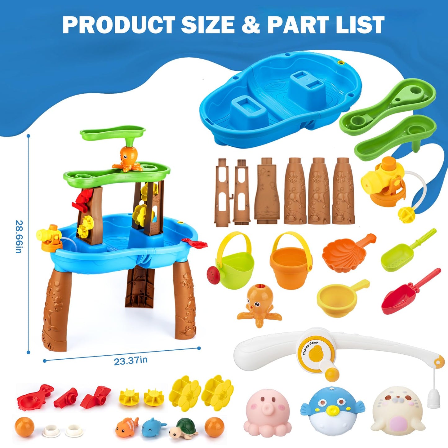 ZACEAC Water Table for Toddlers 3-5 Outdoor Toys for Kids Ages 4-8 3-Tier Kids Sand Water Tables with Fishing Game Set Activity Sensory Table Summer Gift Beach Outside Toys for Toddler Boys