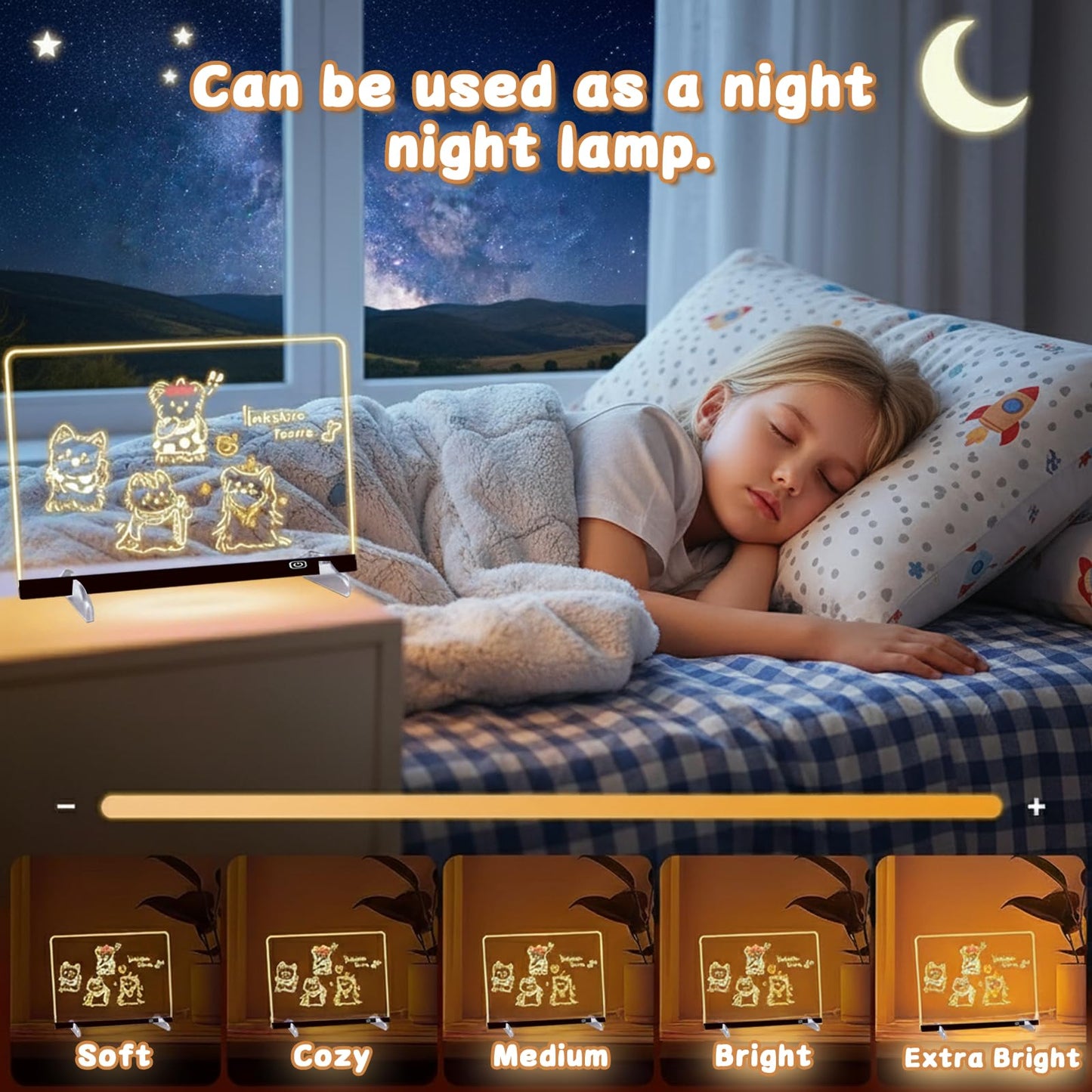 2026 LED Drawing Board with Colors, Glow Doodle Acrylic Dry Erase Board for Kids Ages 6+, 13.7"x10" Rechargeable Light Up Note Boards for Boys & Girls Drawing & Creative Play