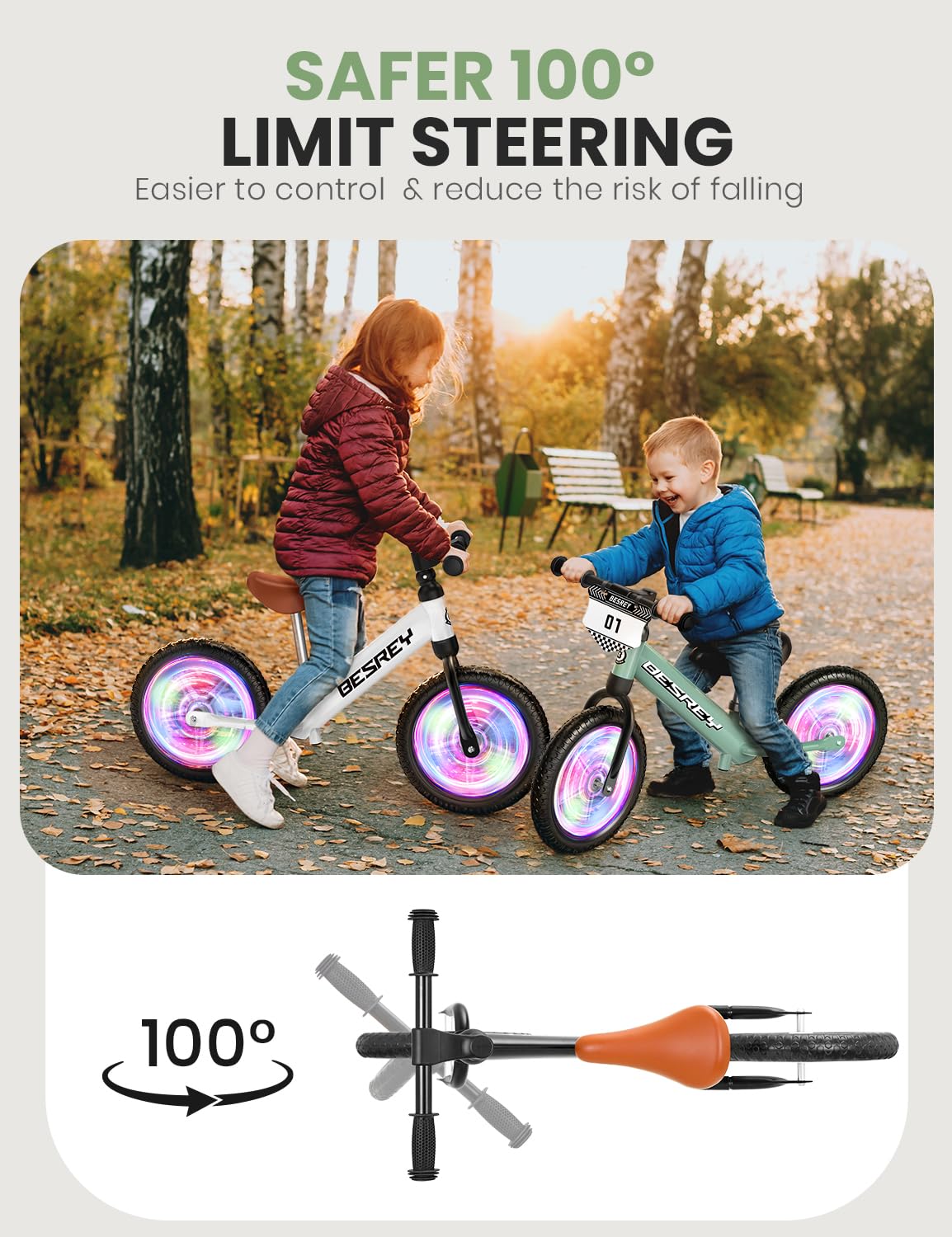 besrey Toddler Balance Bike 2 Year Old: All-Metal Frame & 12" Self-Lighting Wheels, Kids Bike with Adjustable Seat, Custom Plate w/Bonus 4 Sets of Stickers, Gift Bike for Boys Girls 2 3 4 5 Years Old