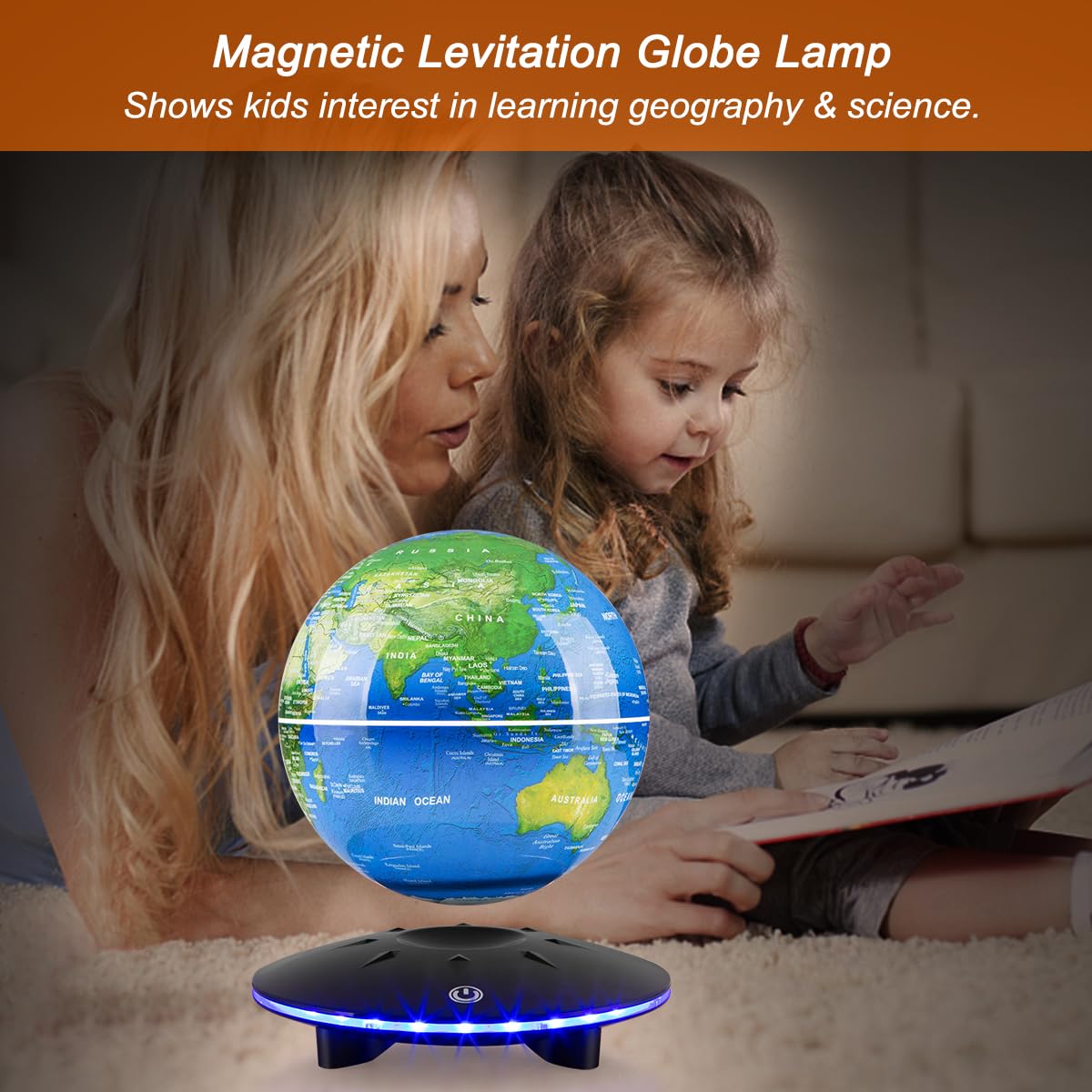 Magnetic Levitating Globe, 6 Inch LED Levitation Floating World Map Globe, Auto Rotation Suspended in Mid-air with Touch Control for Home Office Desk Decoration