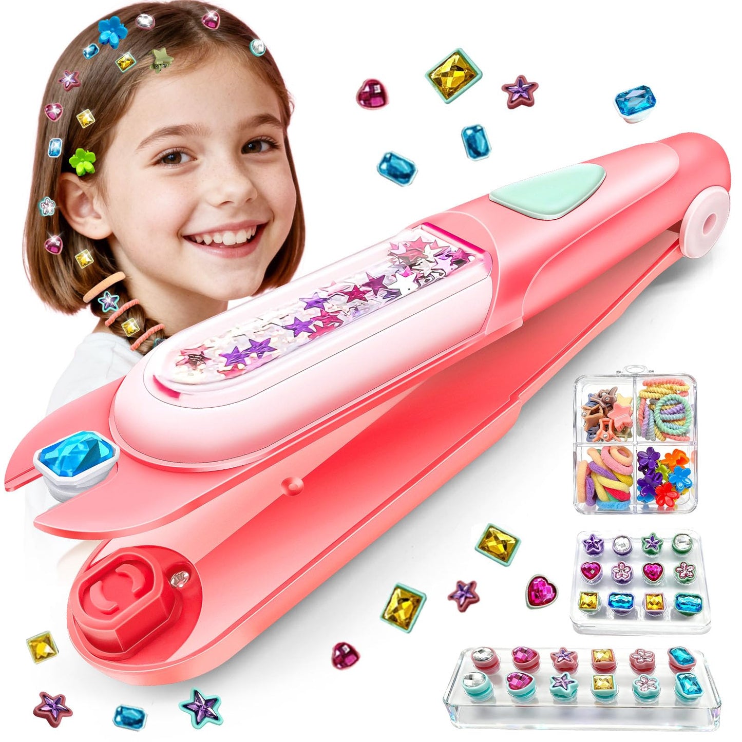CLRDZN Hair Gem Stamper Kit,Hair Ties and Hair Clips Bling Hair Jewels for Girls Toys, Hair Styling Tool with Reusable Shining Diamonds, Birthday Gifts Toys for Girls Ages 3 4 5 6 8-12