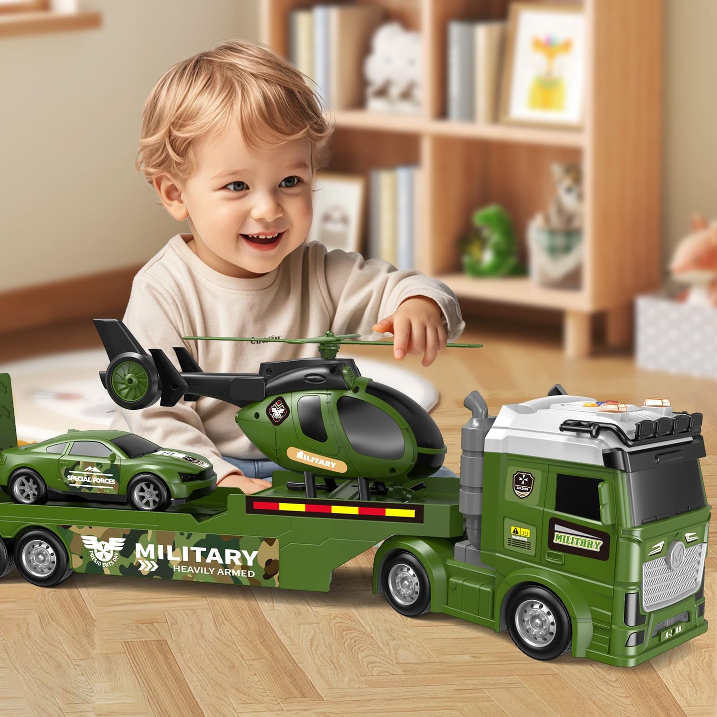DWIRCTOYS Kids Toys for Ages 3 4 5 6 7 8 Years Old Boys, 25" Large Army Semi Truck with Helicopter & Race Car, Friction Powered Vehicle with Lights & Sounds,Birthday Gift for Boys Girls