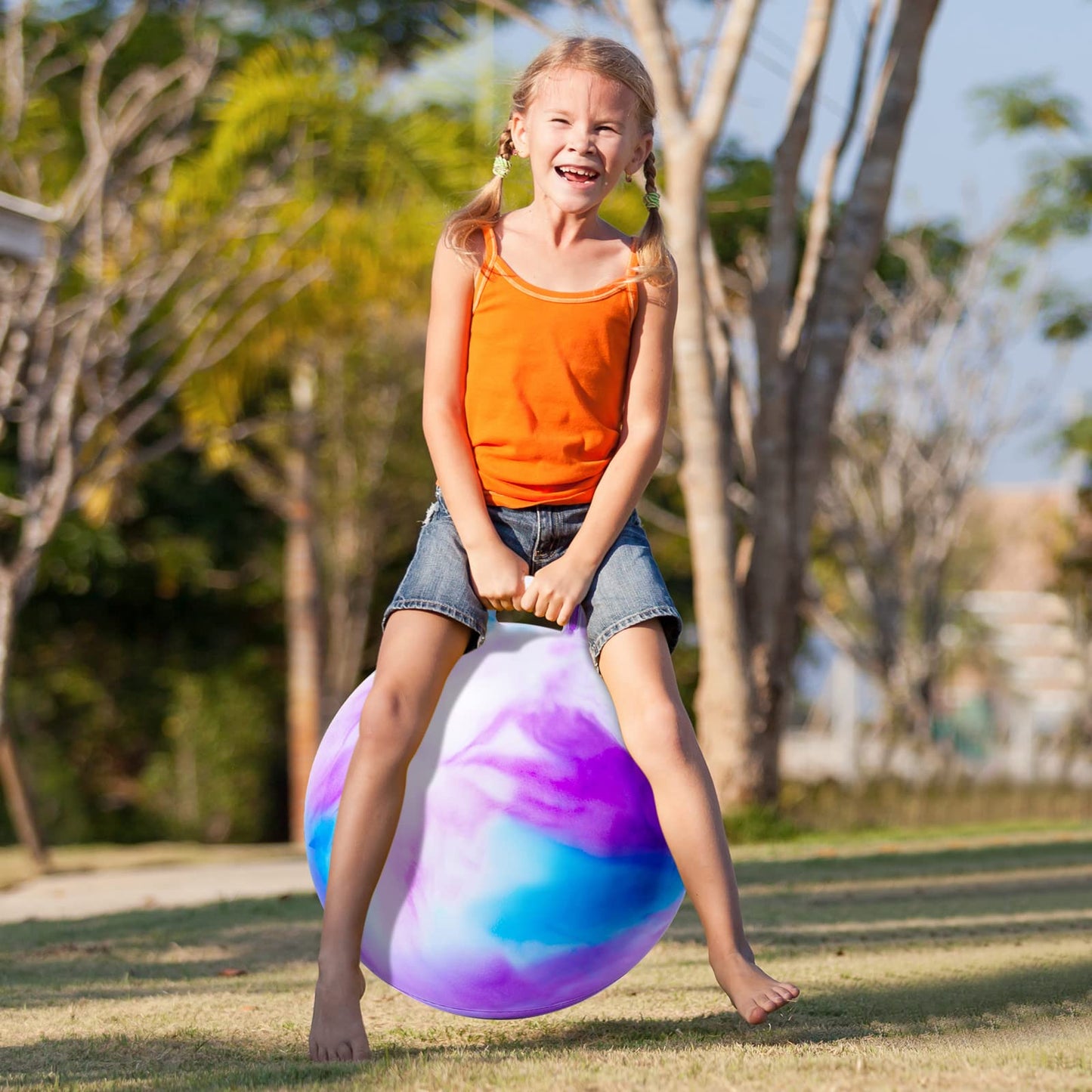 ZOOJOY Hopper Ball, Hopping Toys for Kids, 22 inch Bouncy Ball with Handle for Boys Girls Aged 10+, Inflatable Clouds Bounce Hopper Toy with Pump