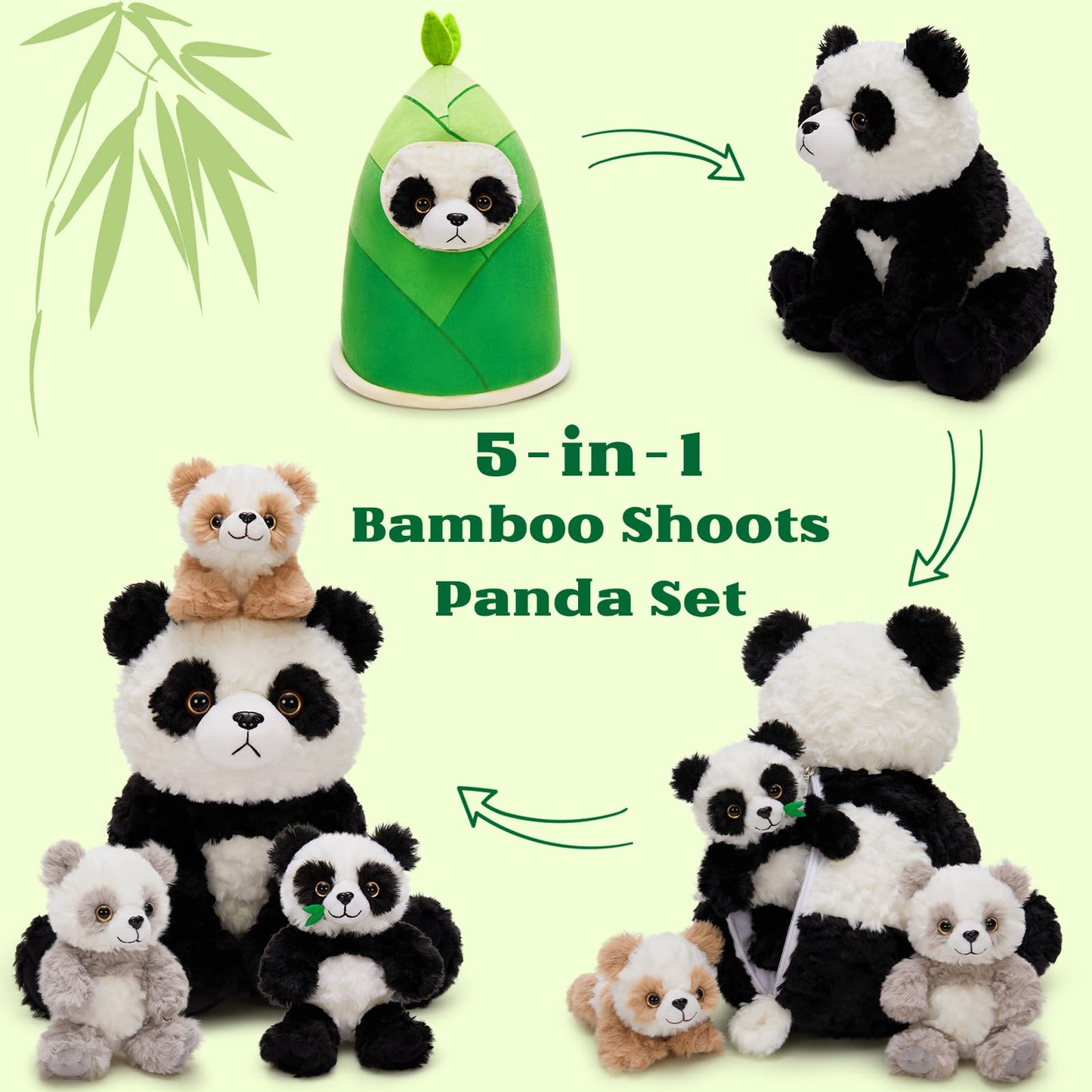 Tezituor 5-in-1 Panda Stuffed Animal Set with Bamboo Hut, Realistic Big Panda Plush Toy with 3 Babies, Birthday Gift Nursery Decor for Kids, Girls, Boys