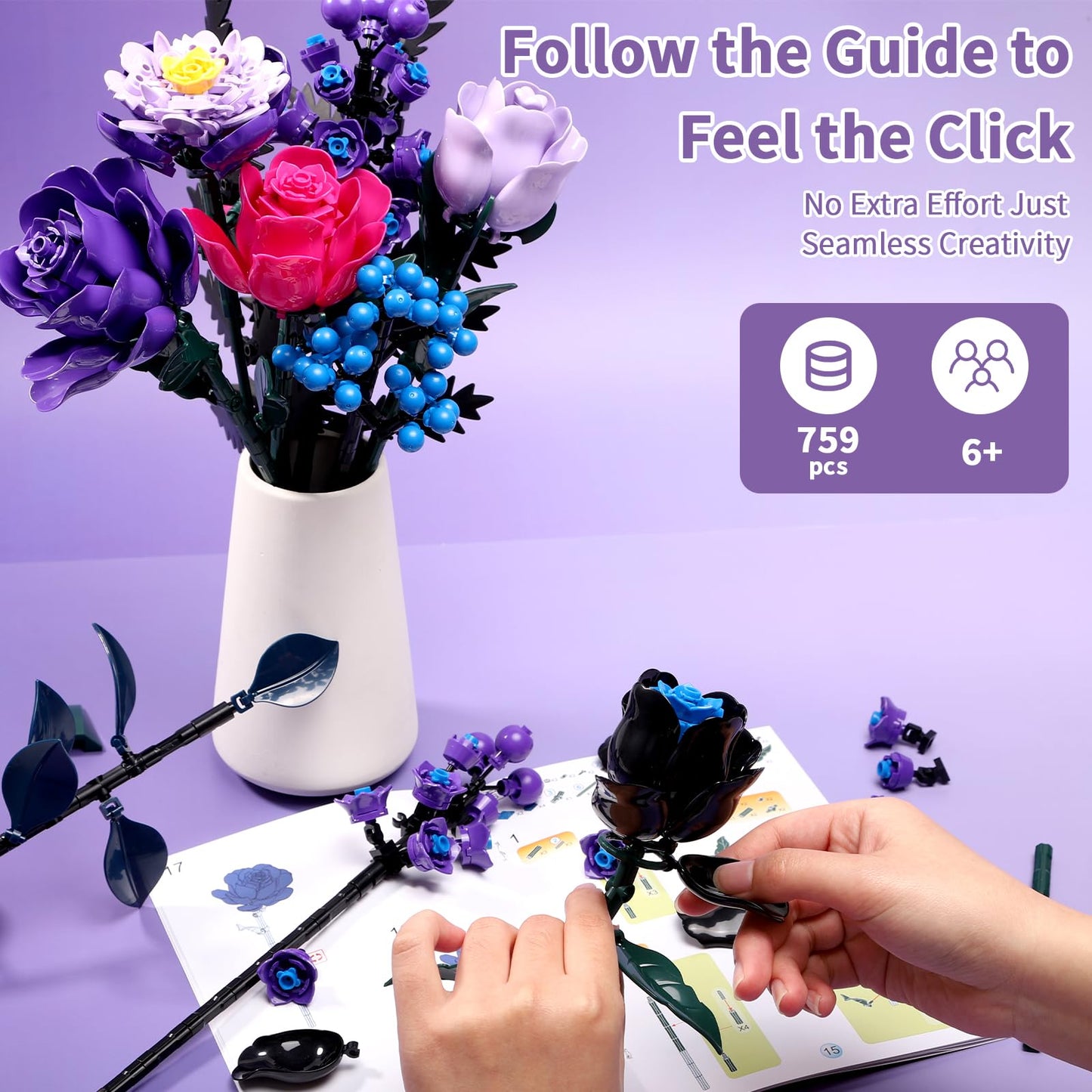 YOIUSFR 759 Pcs Purple Rose Flower Bouquet Building Set, Botanical Collection Kit Artificial Fake Flowers Blocks, Home Table Decor Aesthetic for Gifts for Mom, Birthday, DIY Craft
