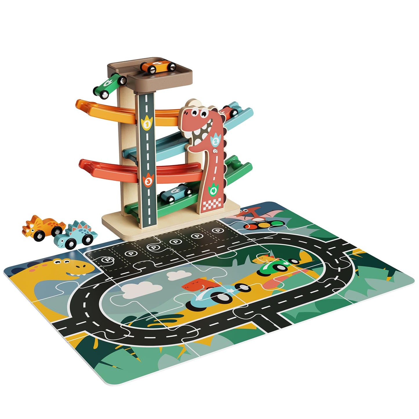Paisure Wooden Car Ramp Toy for Toddlers 1-3, Montessori Toy with 6 Cars (Dinosaur & Racing), 4-Level Car Ramp Race Track, Toddler Toy & 1 Year Old Birthday Gift