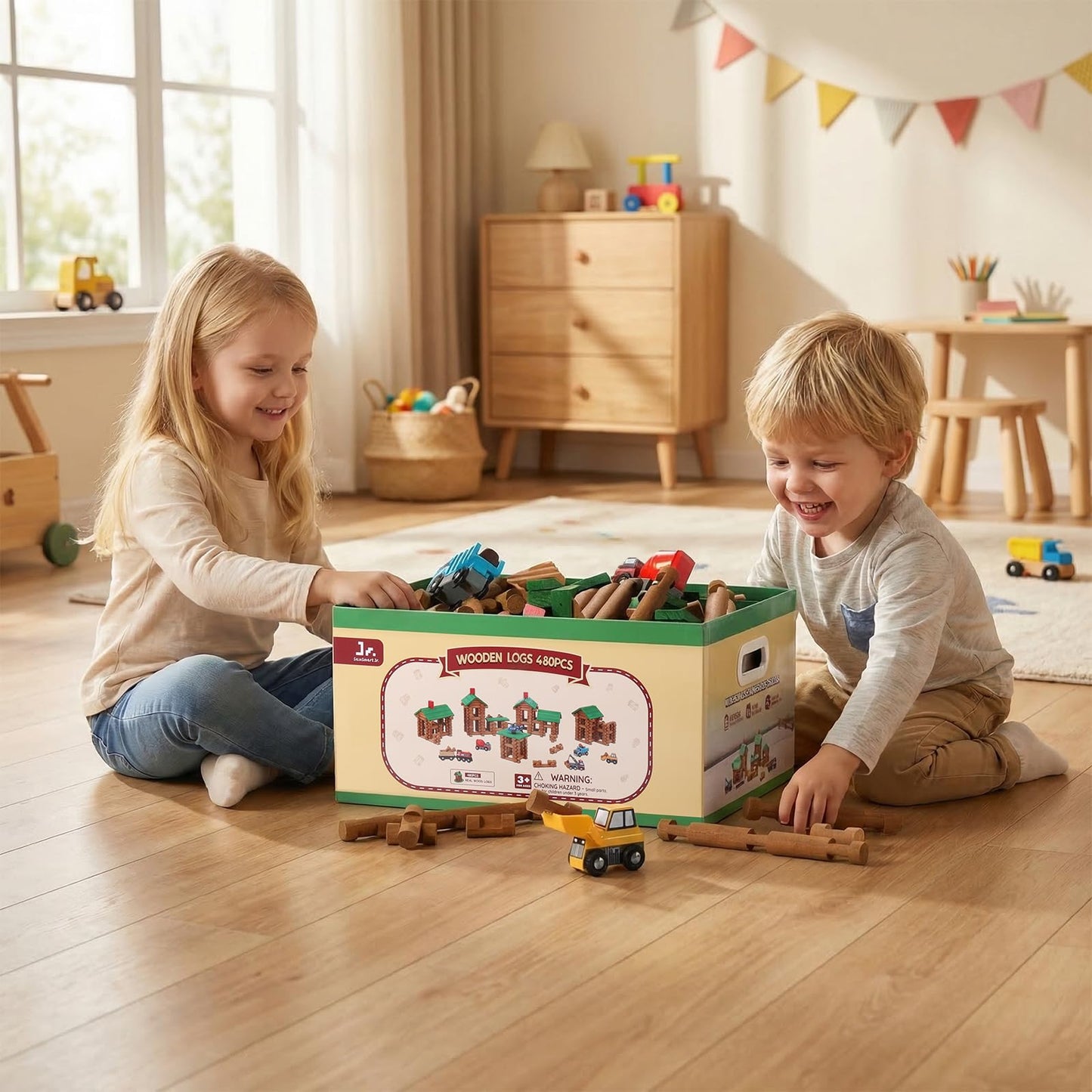 SainSmart Jr. 480 PCS Wooden Log Cabin Set with Storage Box, Building House Toy for Toddlers with 7 Toy Cars, Classical STEM Construction Kit Compatible with Lincoln Logs, Ideal Gift for Ages 3+
