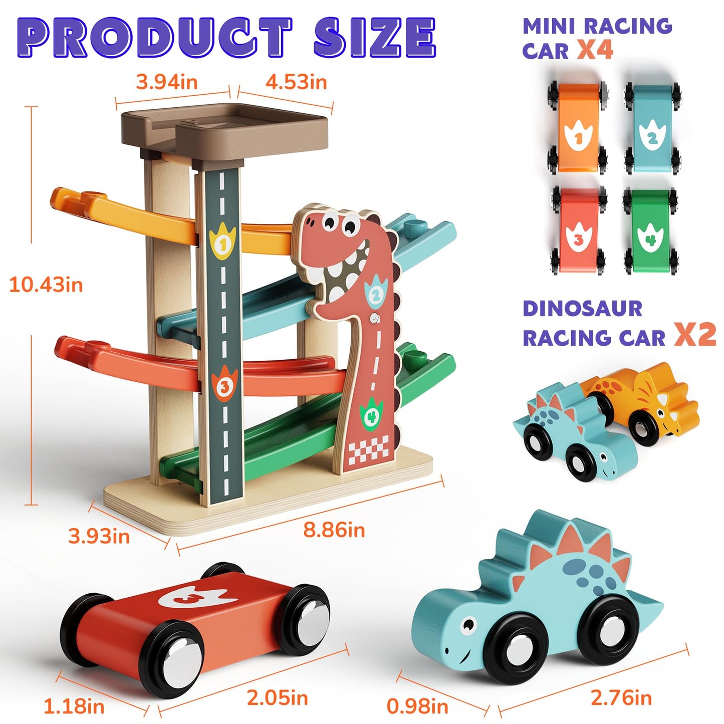 Paisure Wooden Car Ramp Toy for Toddlers 1-3, Montessori Toy with 6 Cars (Dinosaur & Racing), 4-Level Car Ramp Race Track, Toddler Toy & 1 Year Old Birthday Gift