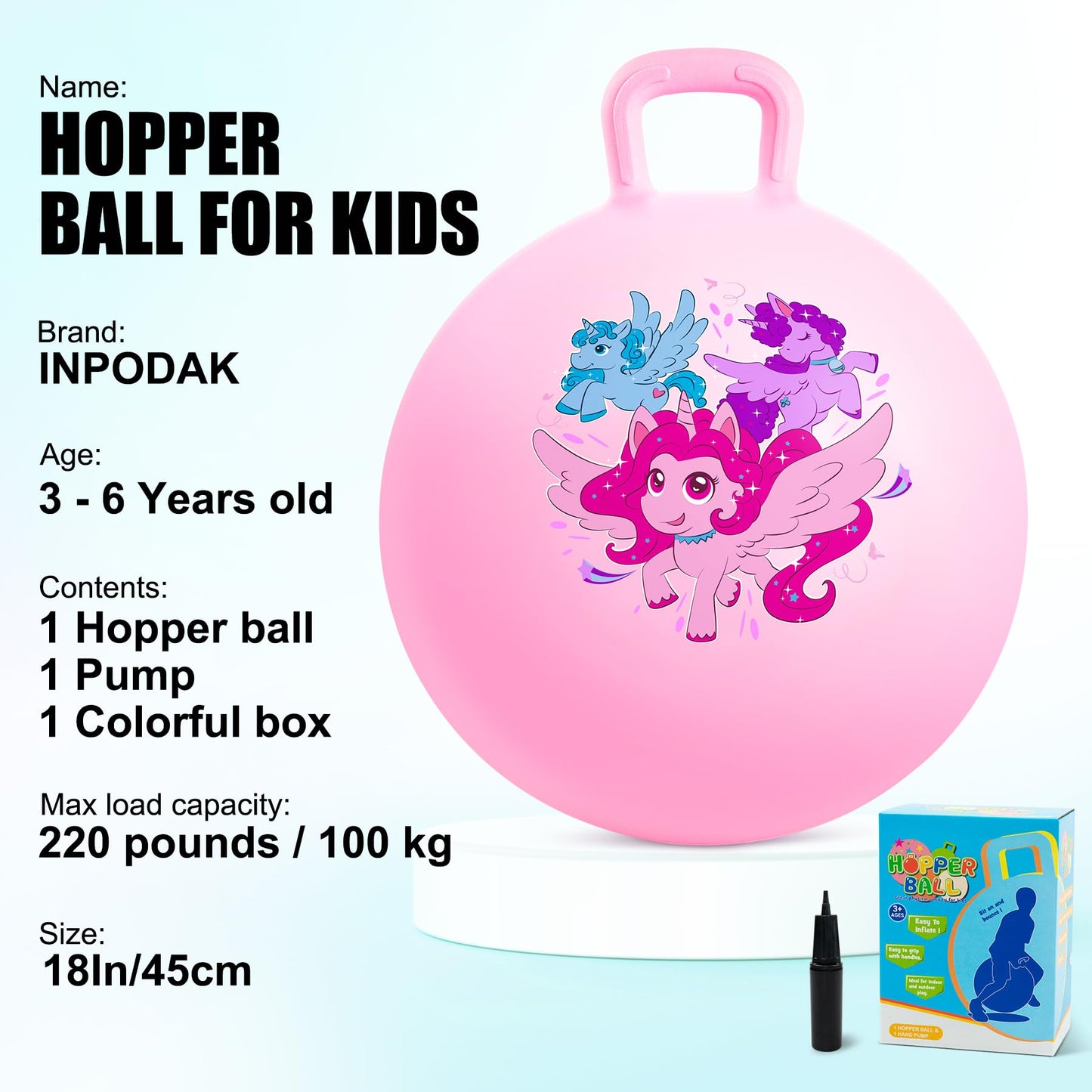 INPODAK Hopper Ball, Unicorn Bouncy Ball with Handle for Kids, 18 Inch Hippity Hop Jumping Bouncer, Pink Hopping Toy for Boys and Girls Ages 3-6 with Pump and Gift Box for Birthday