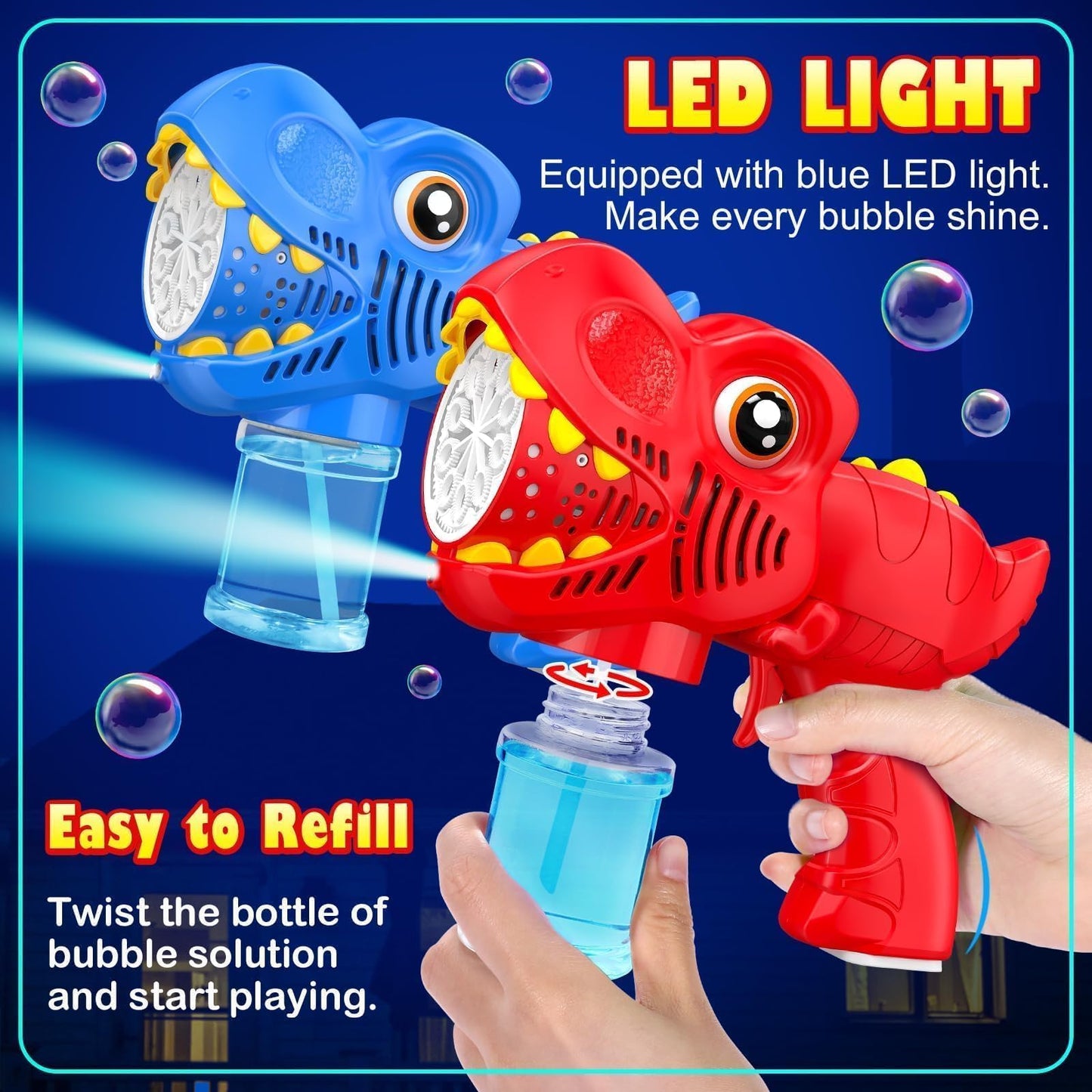 2Pcs Bubble Machine Gun Kids Toys Bubble Maker with 1800mAh Rechargeable Battery 4 Solutions Bubbles for Kids 4-8 Toddlers 1-3 Easter Basket Stuffers Dino Outdoor Toy Valentine Boy Girl