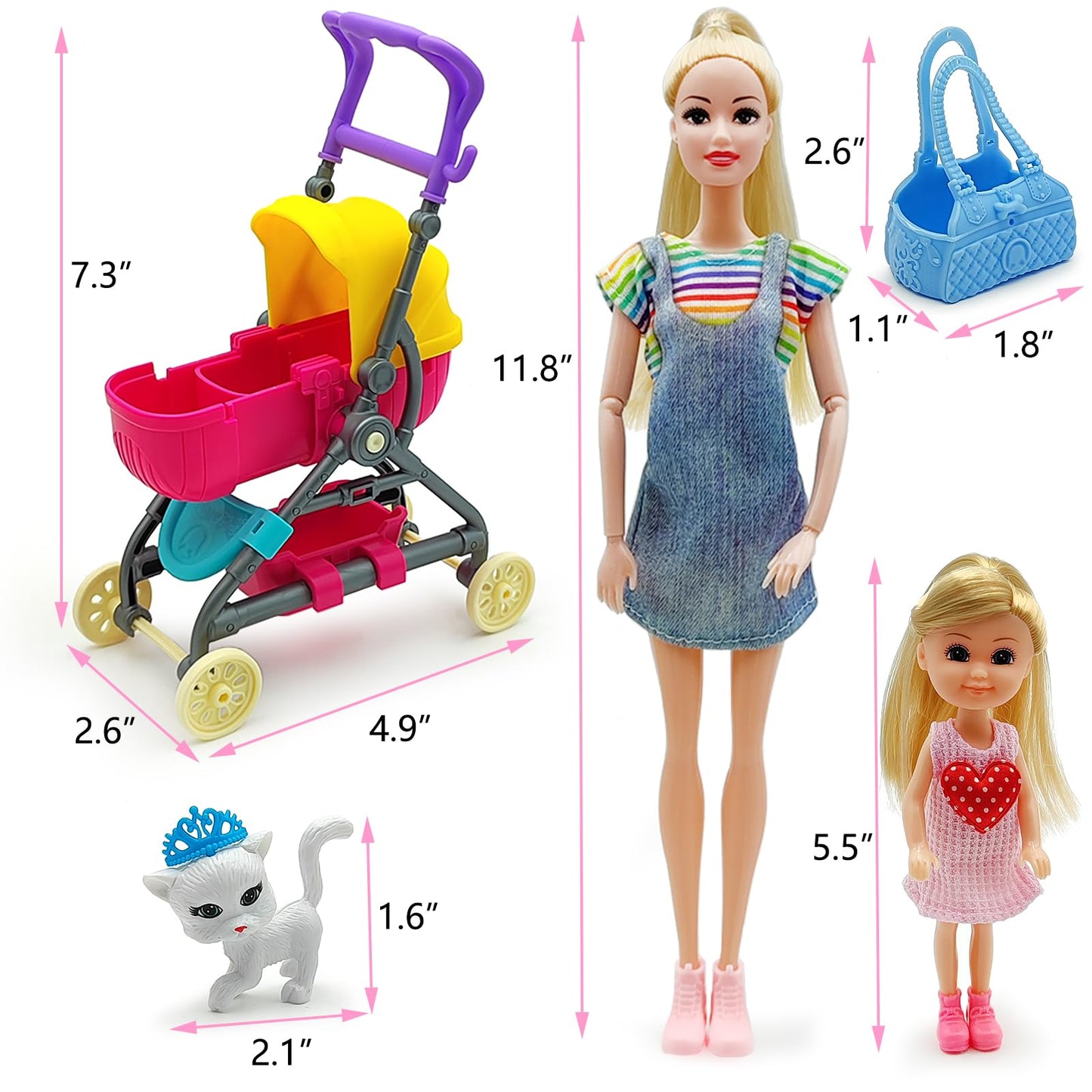 Dolls & Accessories Playset with Doll Transforming Stroller Dog Pet for Girls Ages 3-5-7-12 Birthday Gifts