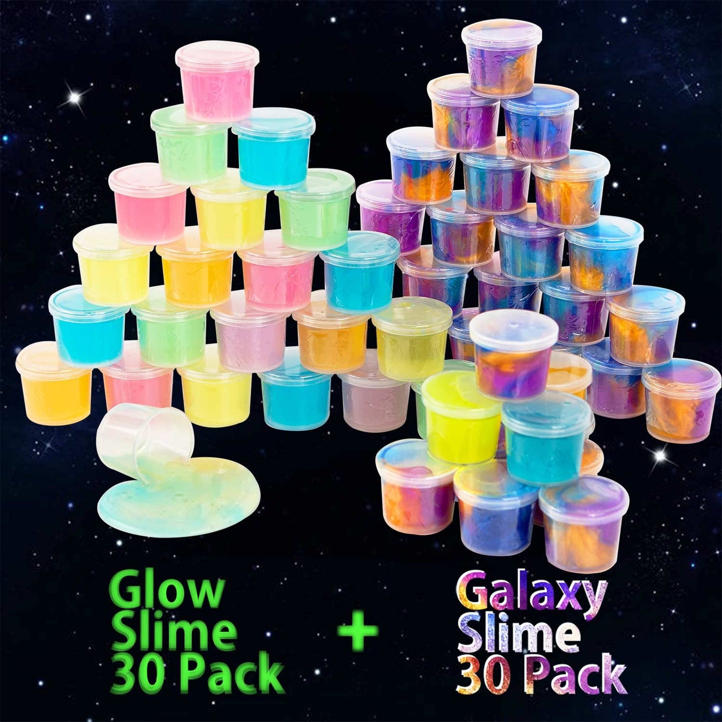 60 Pack Galaxy Slime Pack, Including Glow in The Dark Slime 30 Pack and Galaxy Color 30 Pack, Super Soft and Stretchy Slime Toy for Kids Valentine, Birthday, Classroom Prizes, Goodies Bag Stuffer.