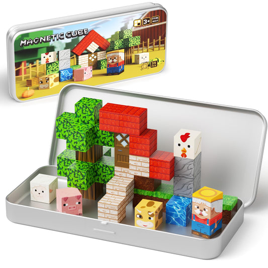 hunloot Mini Magnetic Blocks Farm Animals Travel Toys, 35PCS Portable STEM Magnetic Building Cubes with Metal Storage Box for Kids Ages 4-8, Road Trip & Airplane Essentials