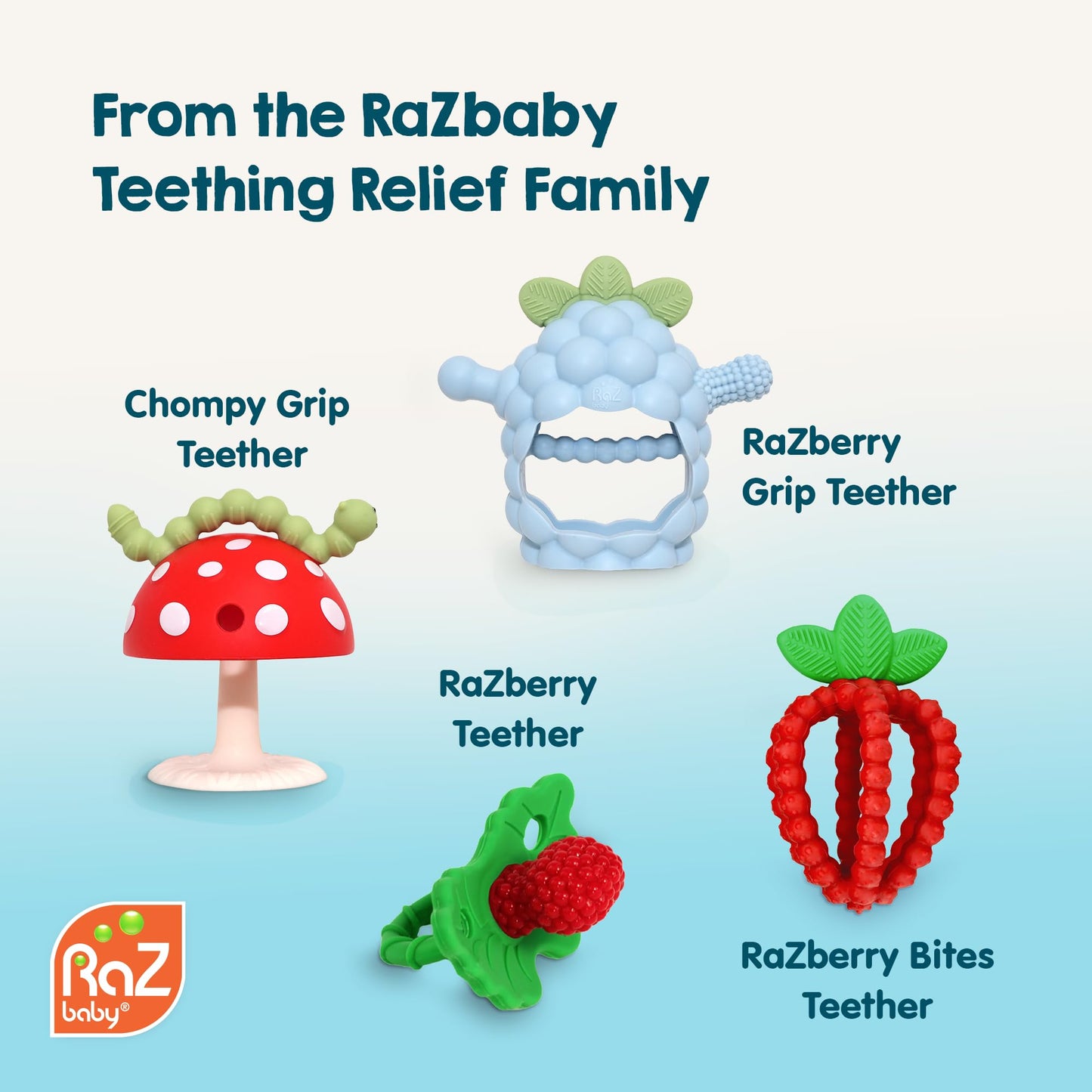RaZbaby Soft Silicone Infant & Baby 3M+ Teether Toy Massaging Bristles Teething Relief Pacifier - Soothes Sore Gums - Hands-Free & Easy-to-Hold Chompy Teether, BPA Free (Lavender/Green/RED/Blue)