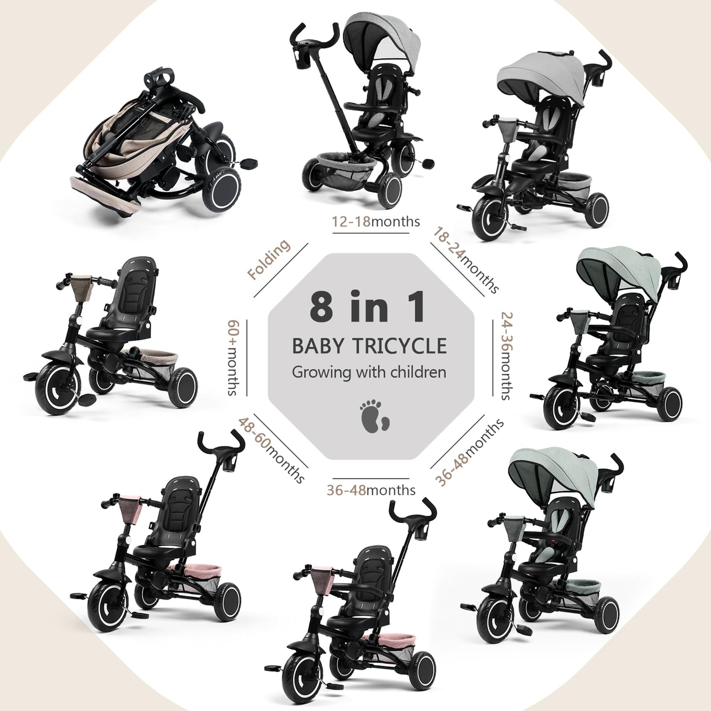 Kinder King Kids Trike Tricycle for Toddlers 1-3, 8 in 1 Folding Toddler Tricycle Bike w/1-Step Brake, Adjustable Push Handle, Rotatable Seat, Adjustable Canopy, Bell, 5-Point Harness, Storage, Black