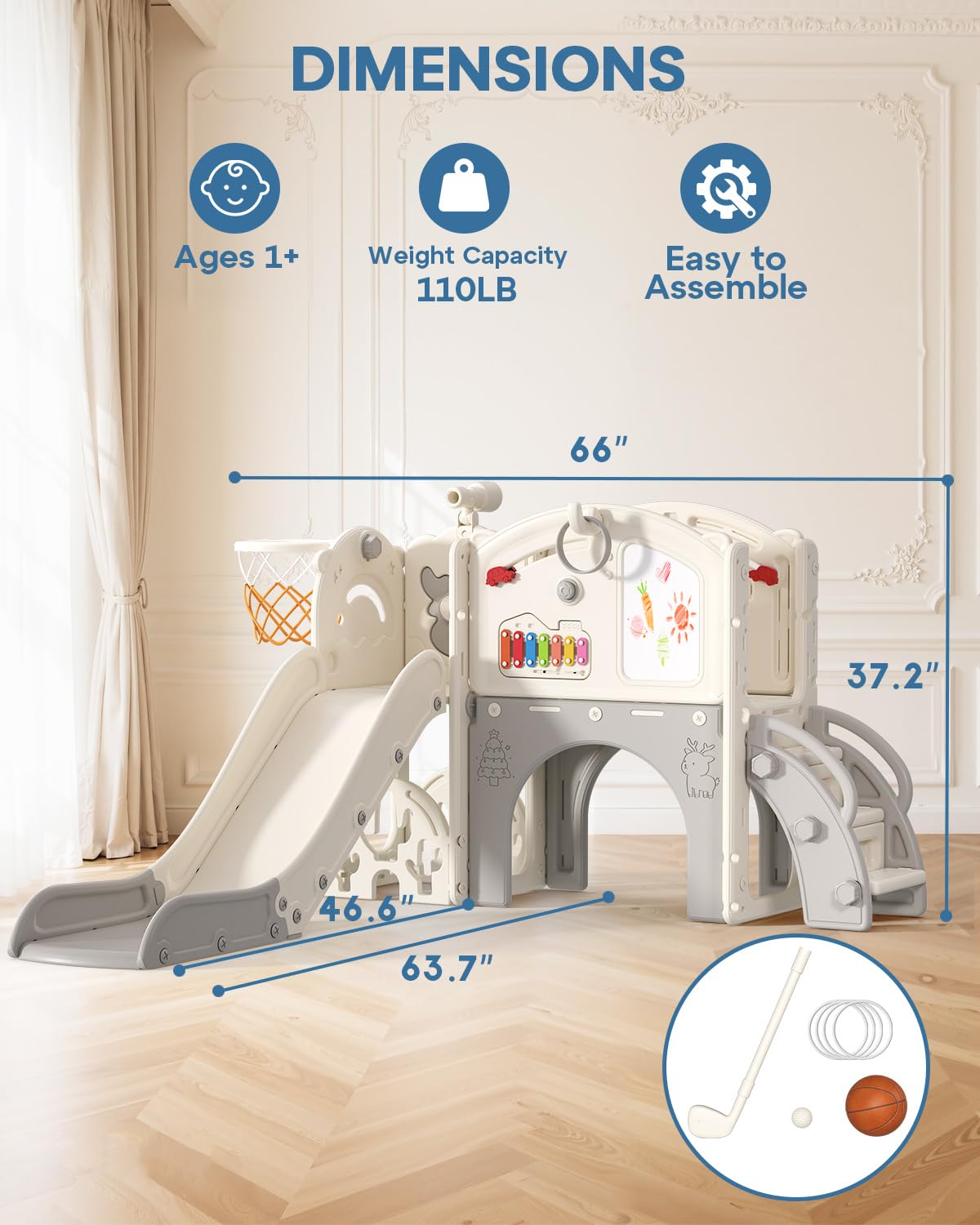 BIERUM Toddler Slide Set, 13 in 1 Kids Indoor Slide for Toddler 1-3, Indoor Outdoor Toddler Slide Playset with Basketball Hoop, Golf Game & Drawing Board, Baby Indoor Slide Playground, Cream&Gray